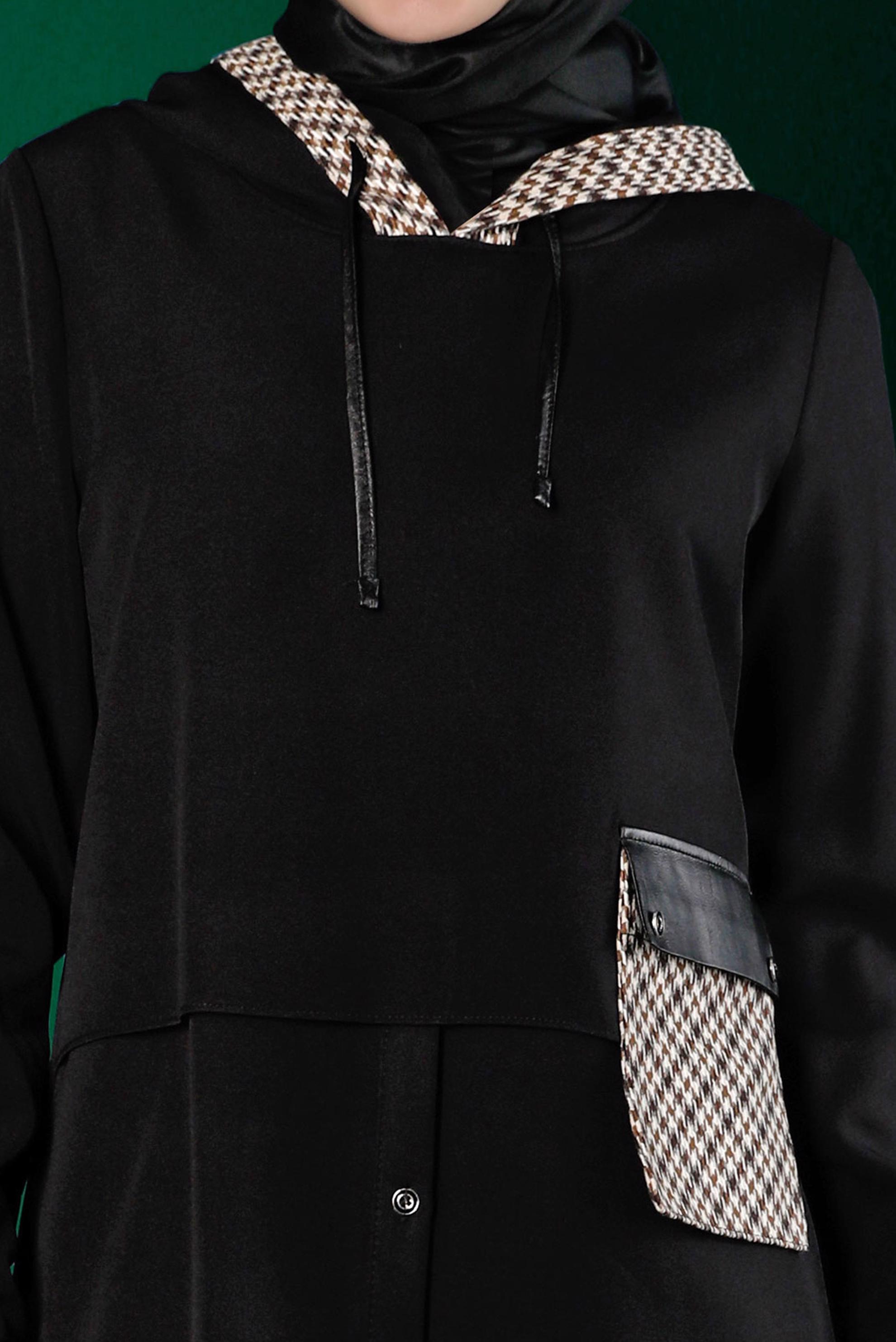 Tesettür giyim SİYAH KAZAYAĞI DESENLİ CEPLİ TUNİK 43375