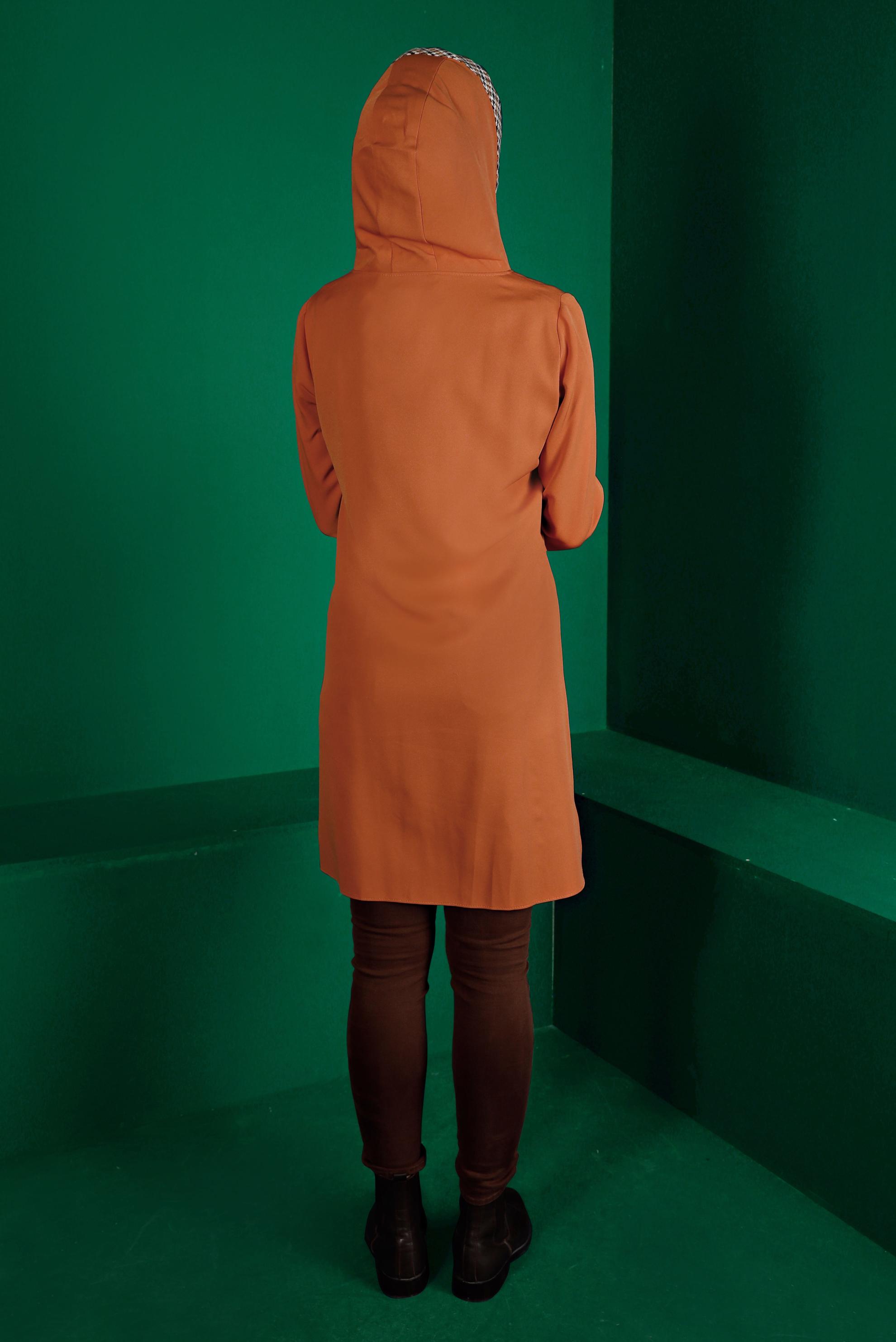 Tesettür giyim TURUNCU KAZAYAĞI DESENLİ CEPLİ TUNİK 43375