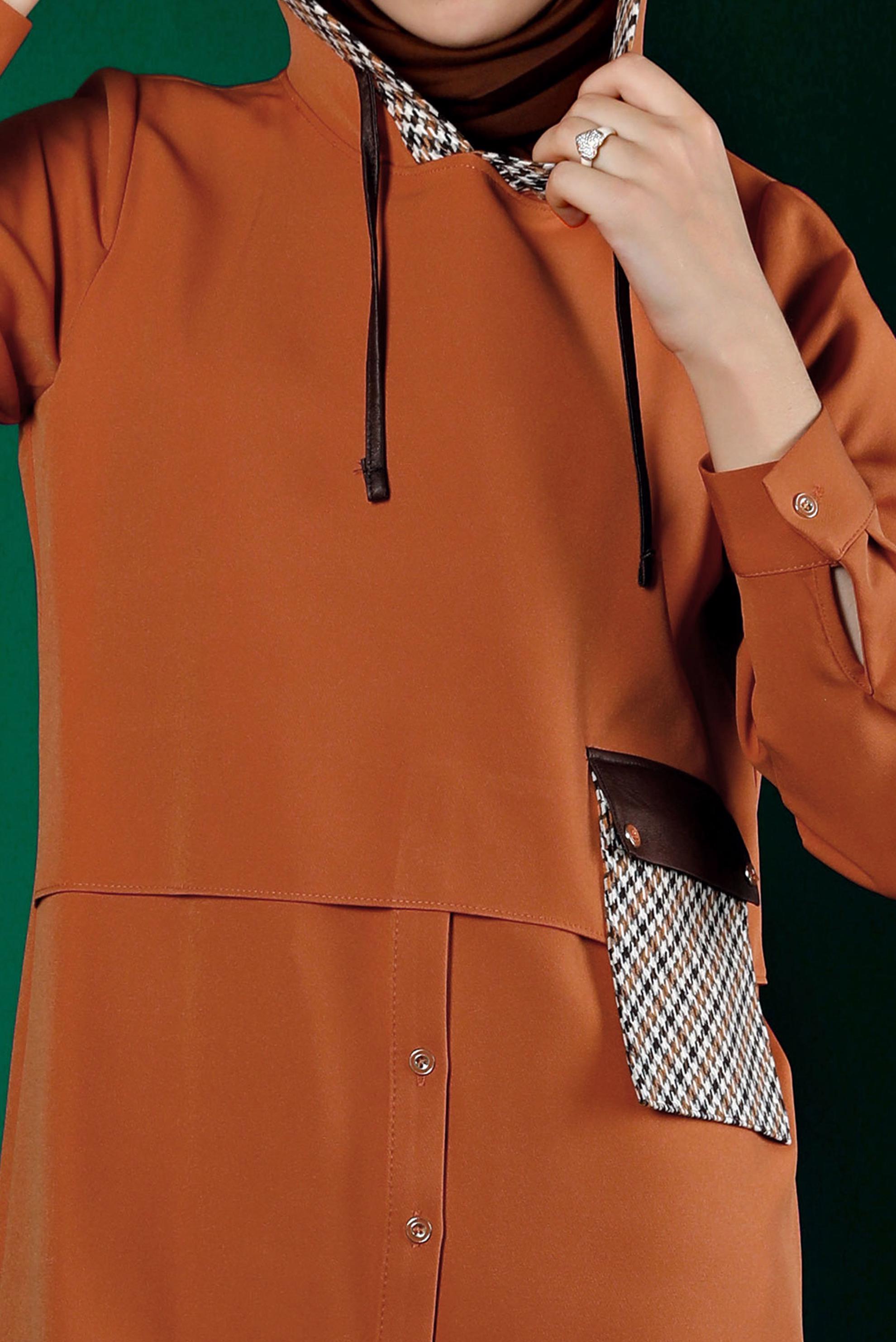 Tesettür giyim TURUNCU KAZAYAĞI DESENLİ CEPLİ TUNİK 43375