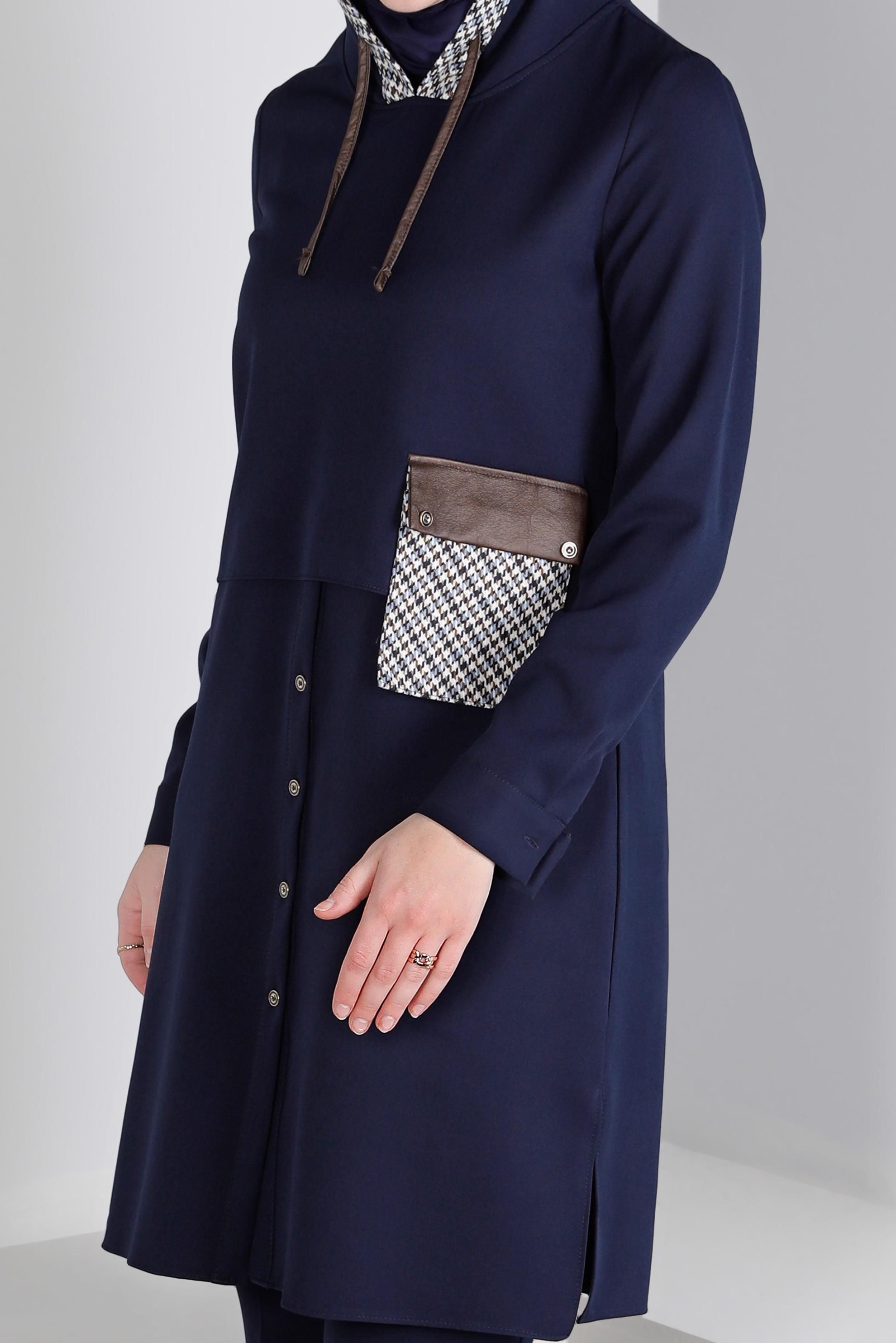 Tesettür giyim LACİVERT KAZAYAĞI DESENLİ CEPLİ TUNİK 43375