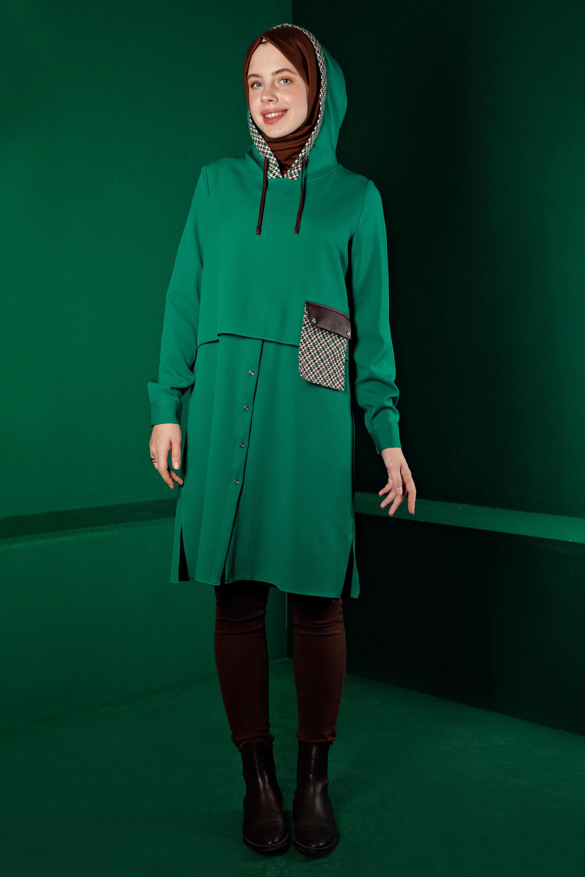 Tesettür giyim YEŞİL KAZAYAĞI DESENLİ CEPLİ TUNİK 43375