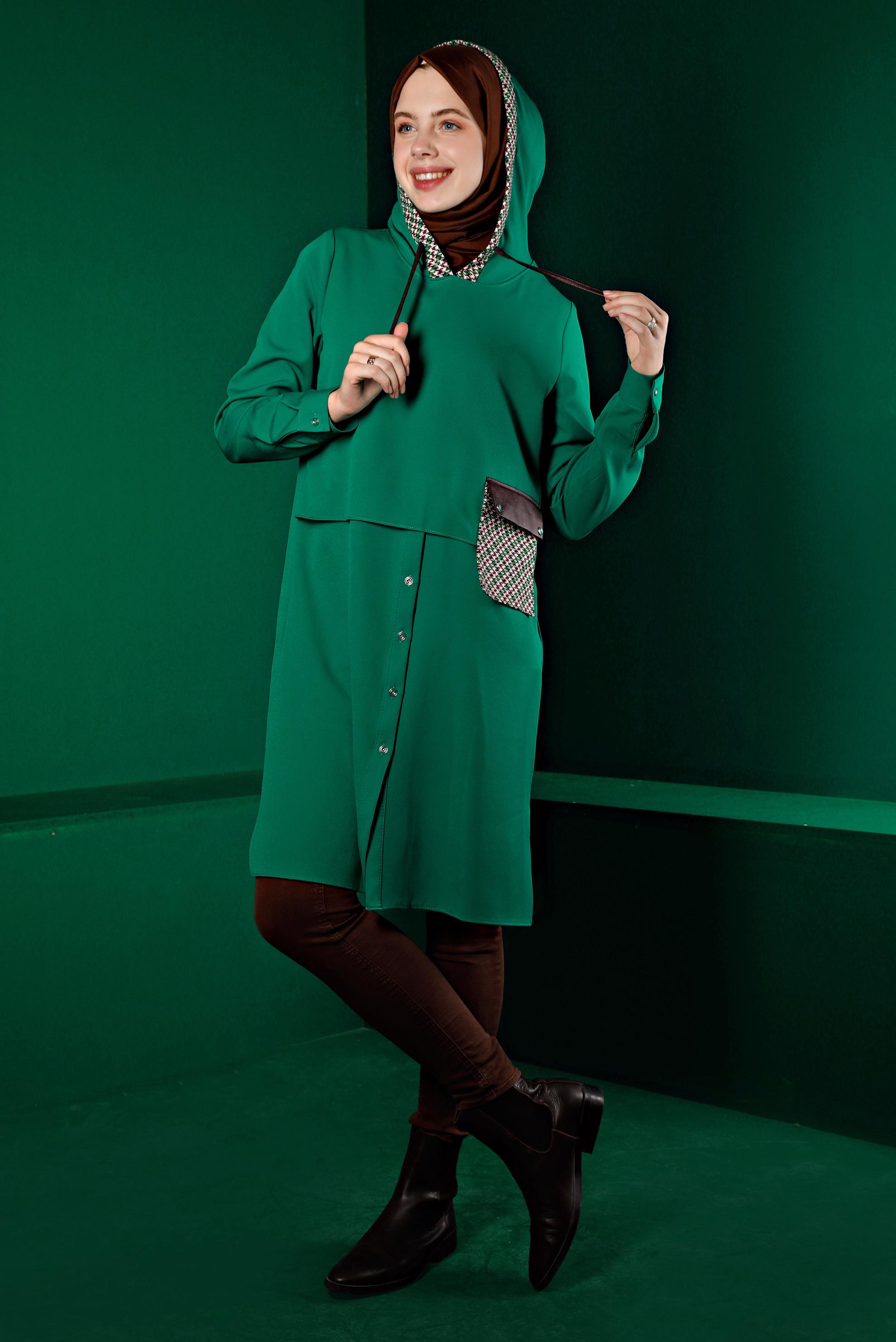 Tesettür giyim YEŞİL KAZAYAĞI DESENLİ CEPLİ TUNİK 43375