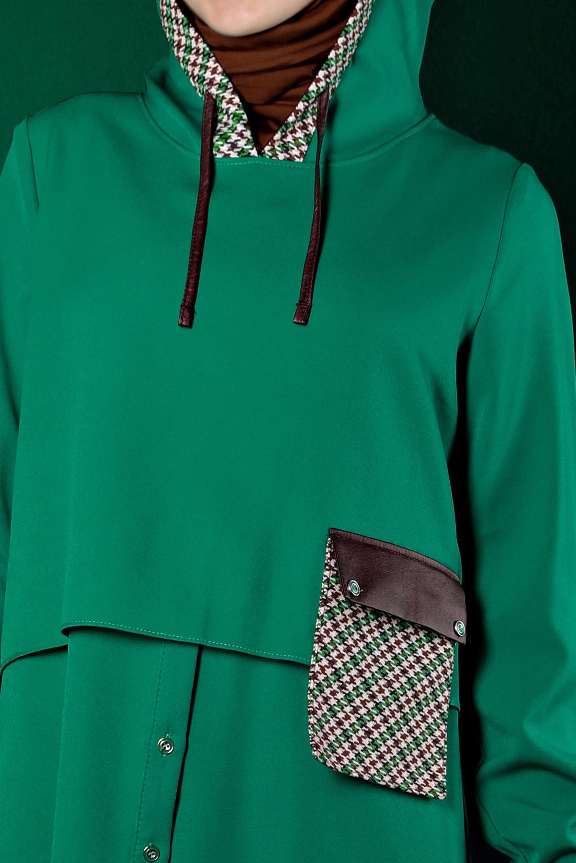 Tesettür giyim YEŞİL KAZAYAĞI DESENLİ CEPLİ TUNİK 43375