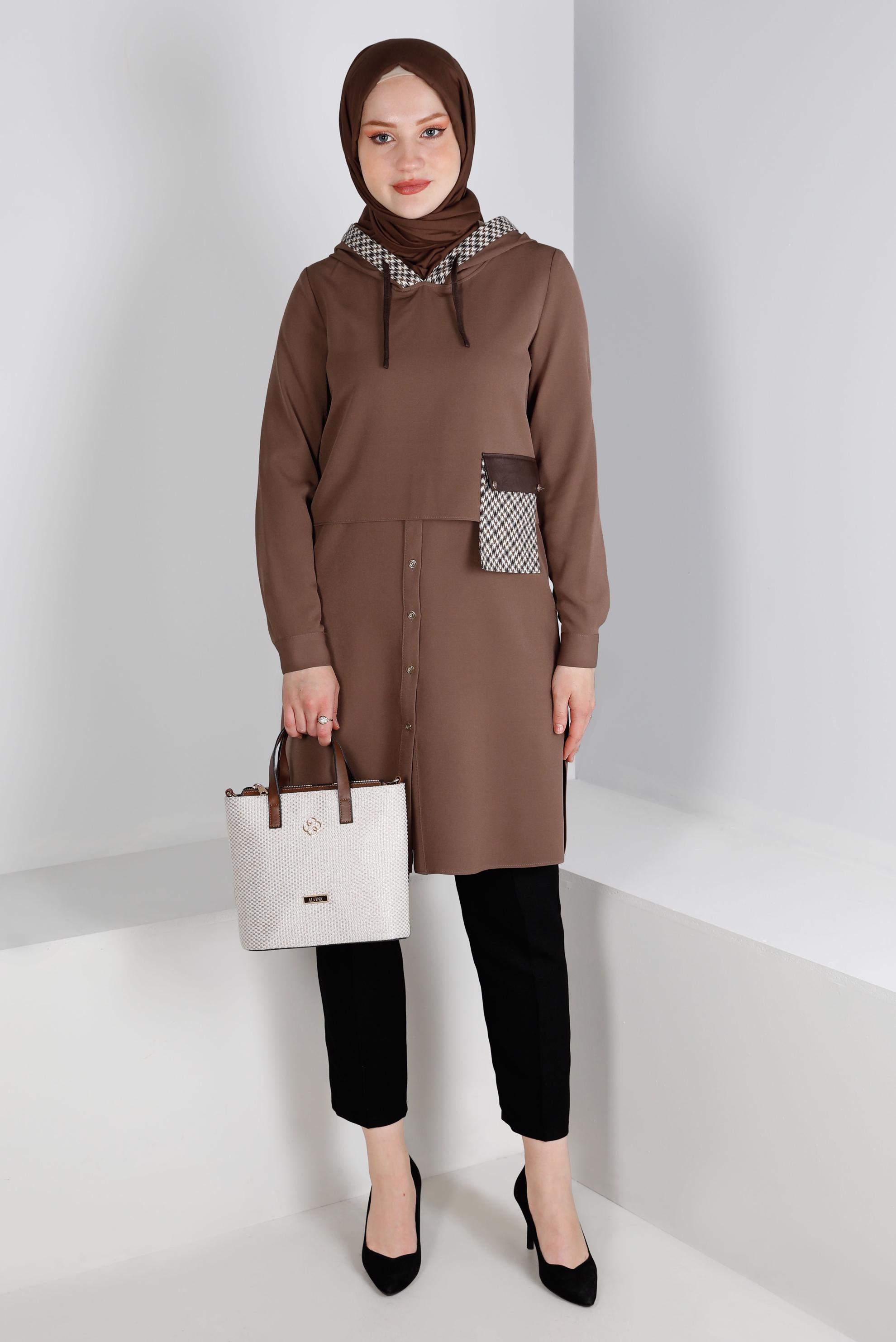 Tesettür giyim VİZON KAZAYAĞI DESENLİ CEPLİ TUNİK 43375