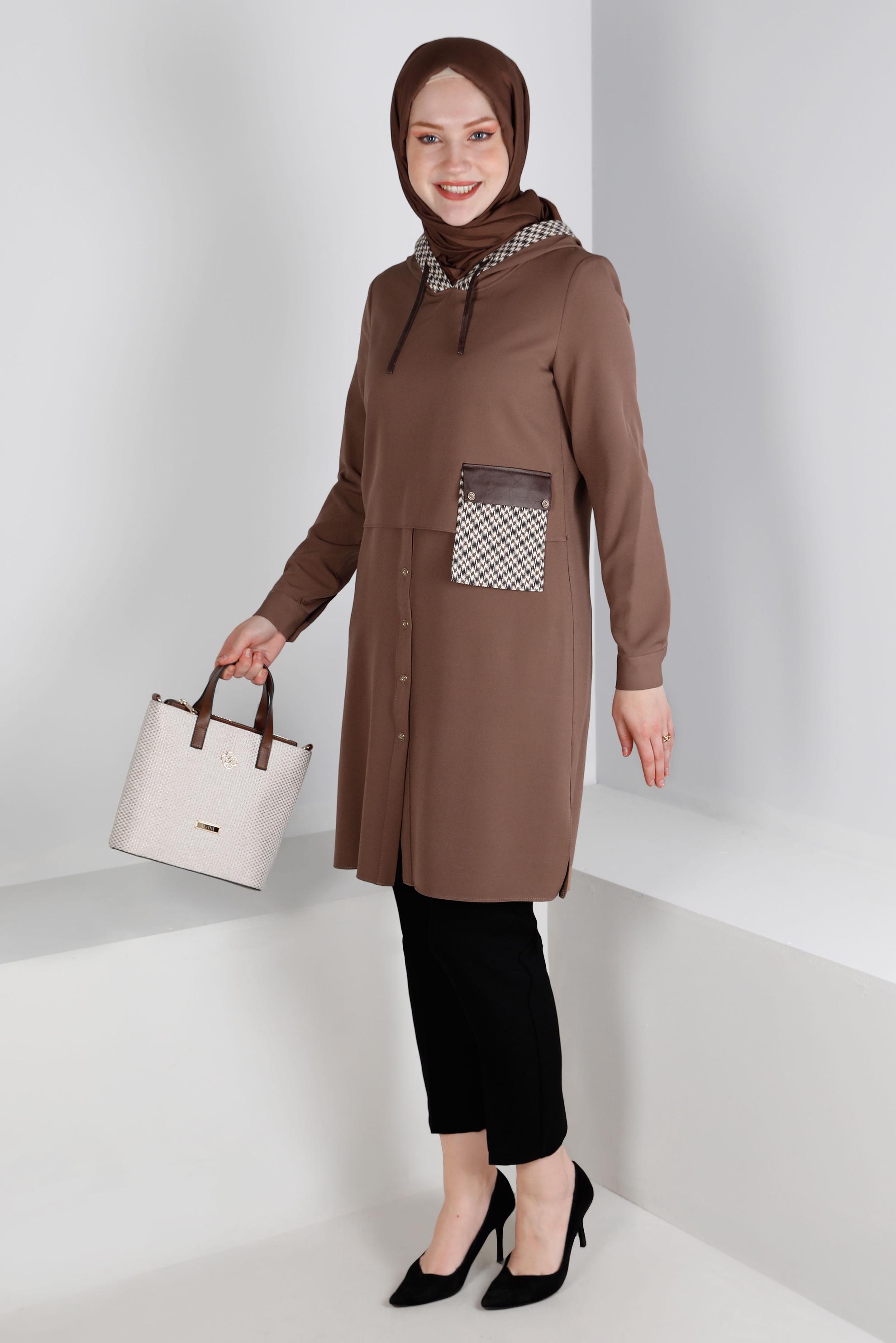 Tesettür giyim VİZON KAZAYAĞI DESENLİ CEPLİ TUNİK 43375