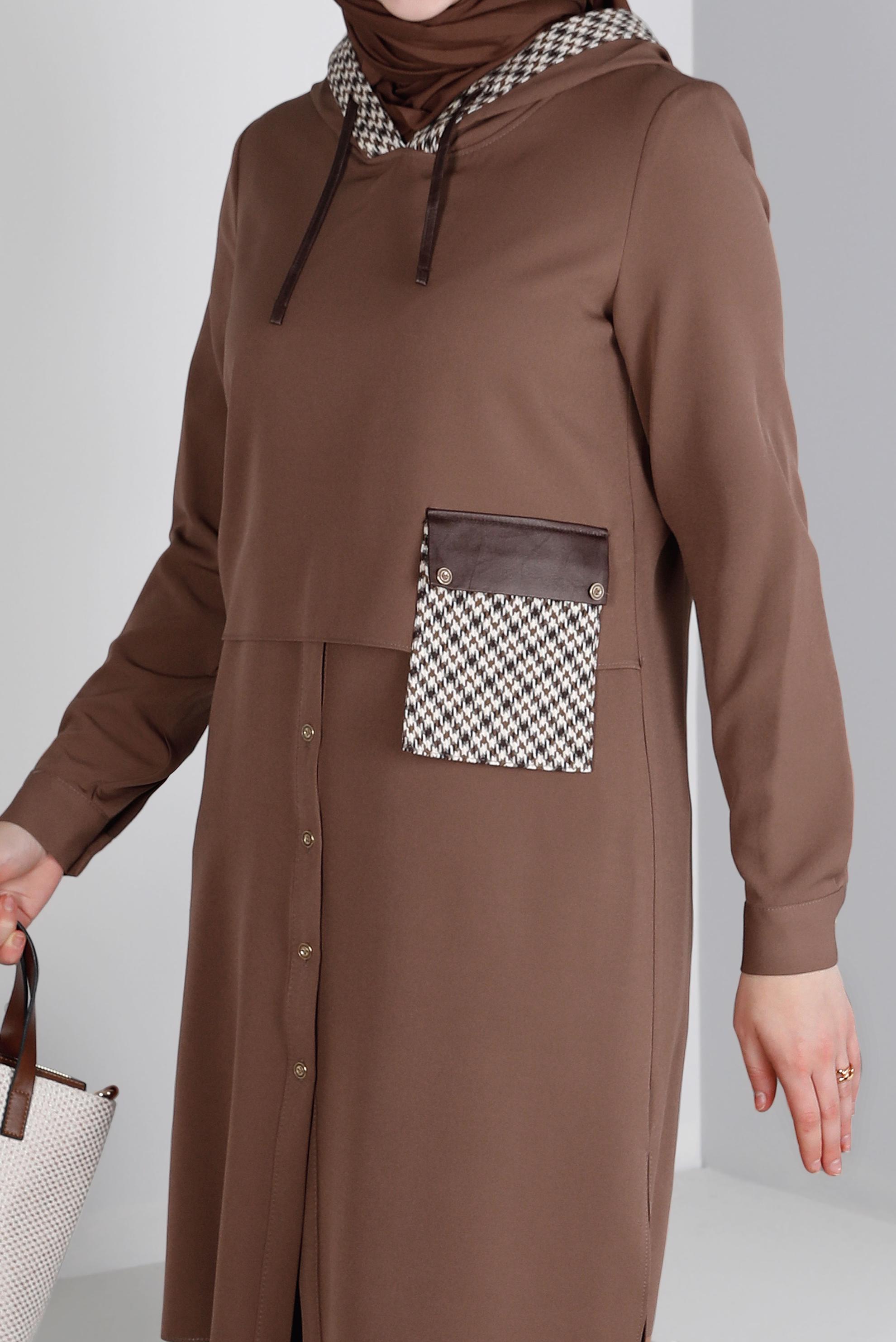 Tesettür giyim VİZON KAZAYAĞI DESENLİ CEPLİ TUNİK 43375