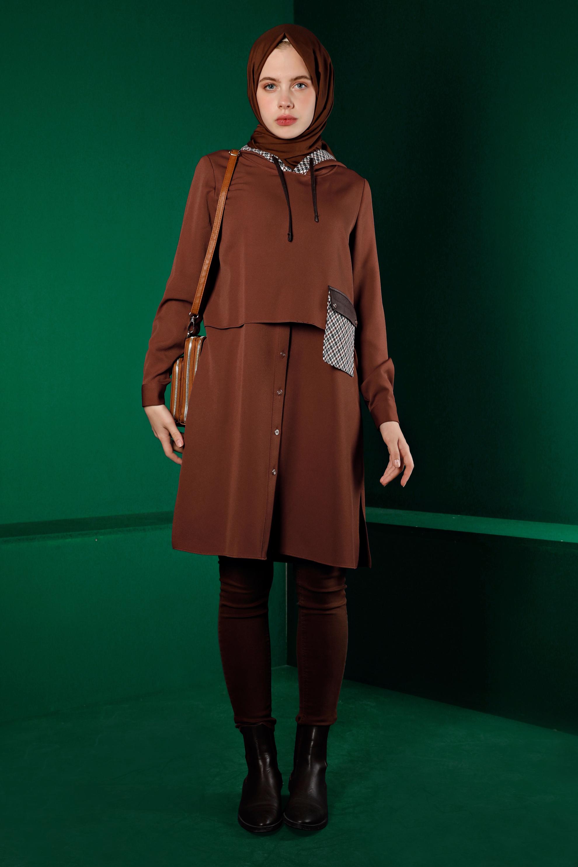 Tesettür giyim KAHVE KAZAYAĞI DESENLİ CEPLİ TUNİK 43375