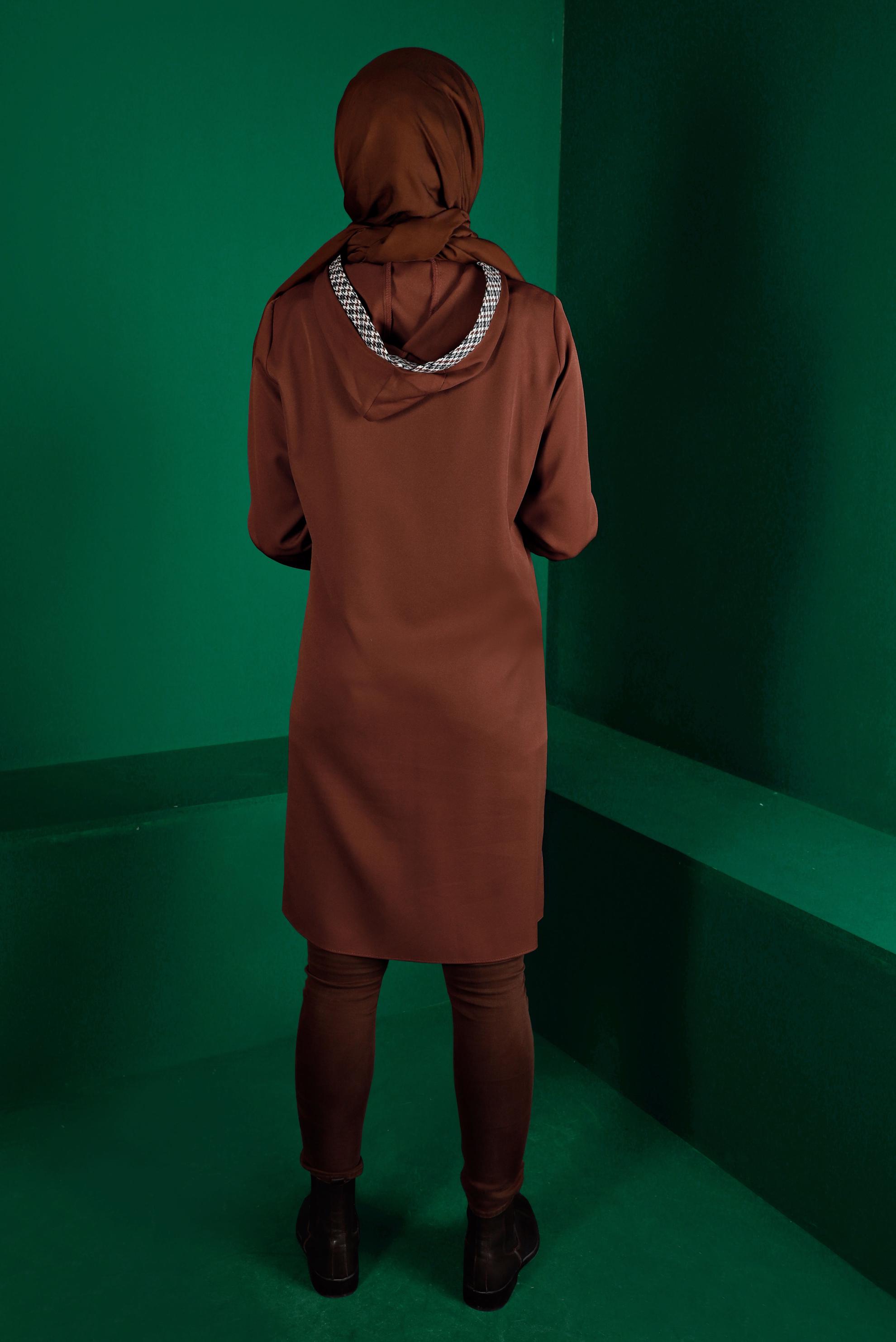 Tesettür giyim KAHVE KAZAYAĞI DESENLİ CEPLİ TUNİK 43375