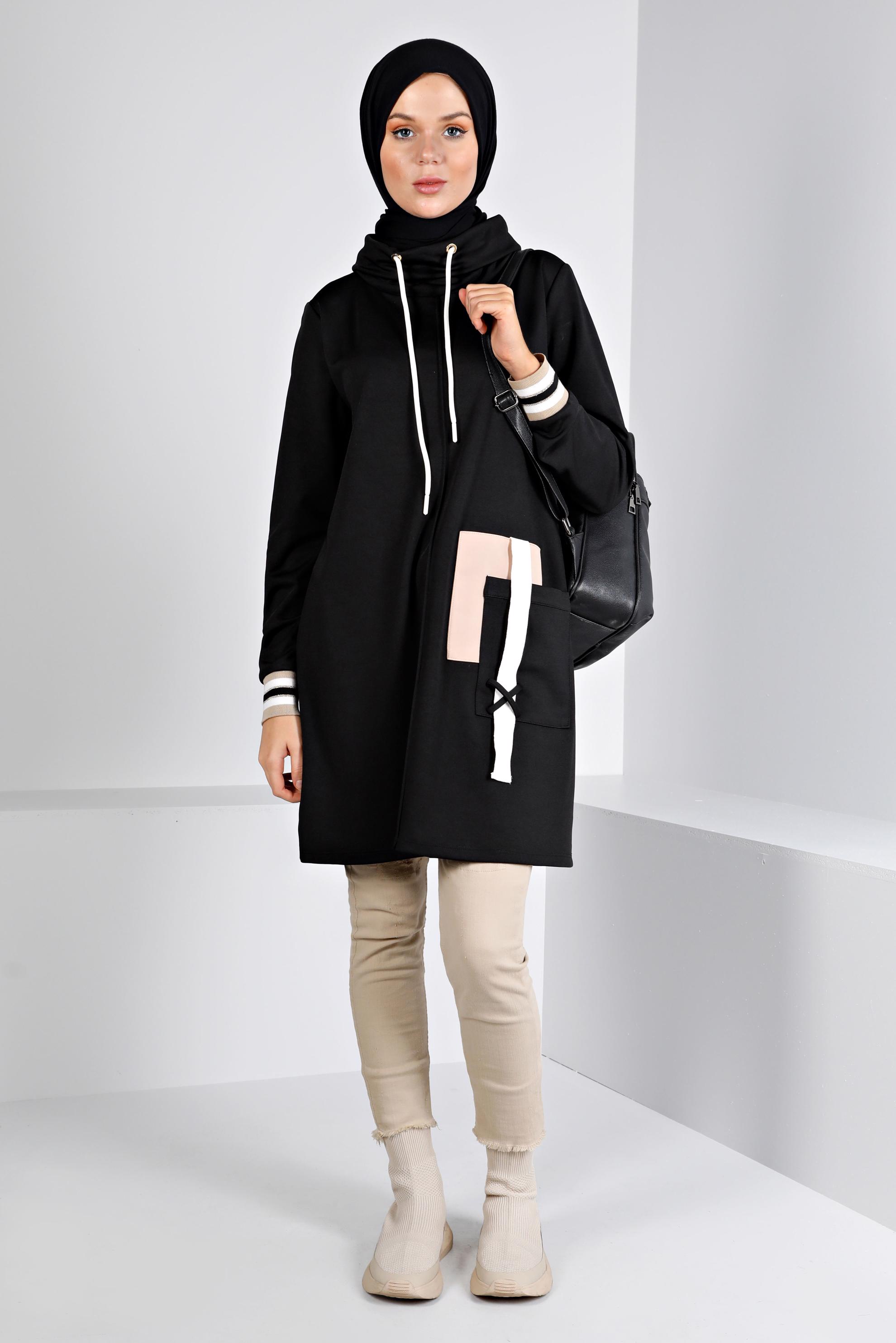 Tesettür giyim SİYAH CEP DETAYLI BAĞCIKLI TUNİK 43376 