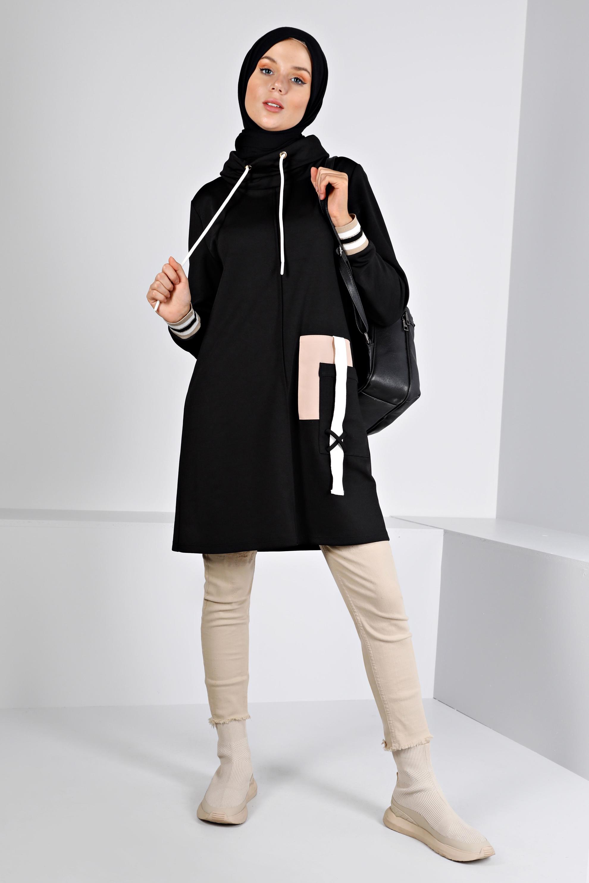 Tesettür giyim SİYAH CEP DETAYLI BAĞCIKLI TUNİK 43376 