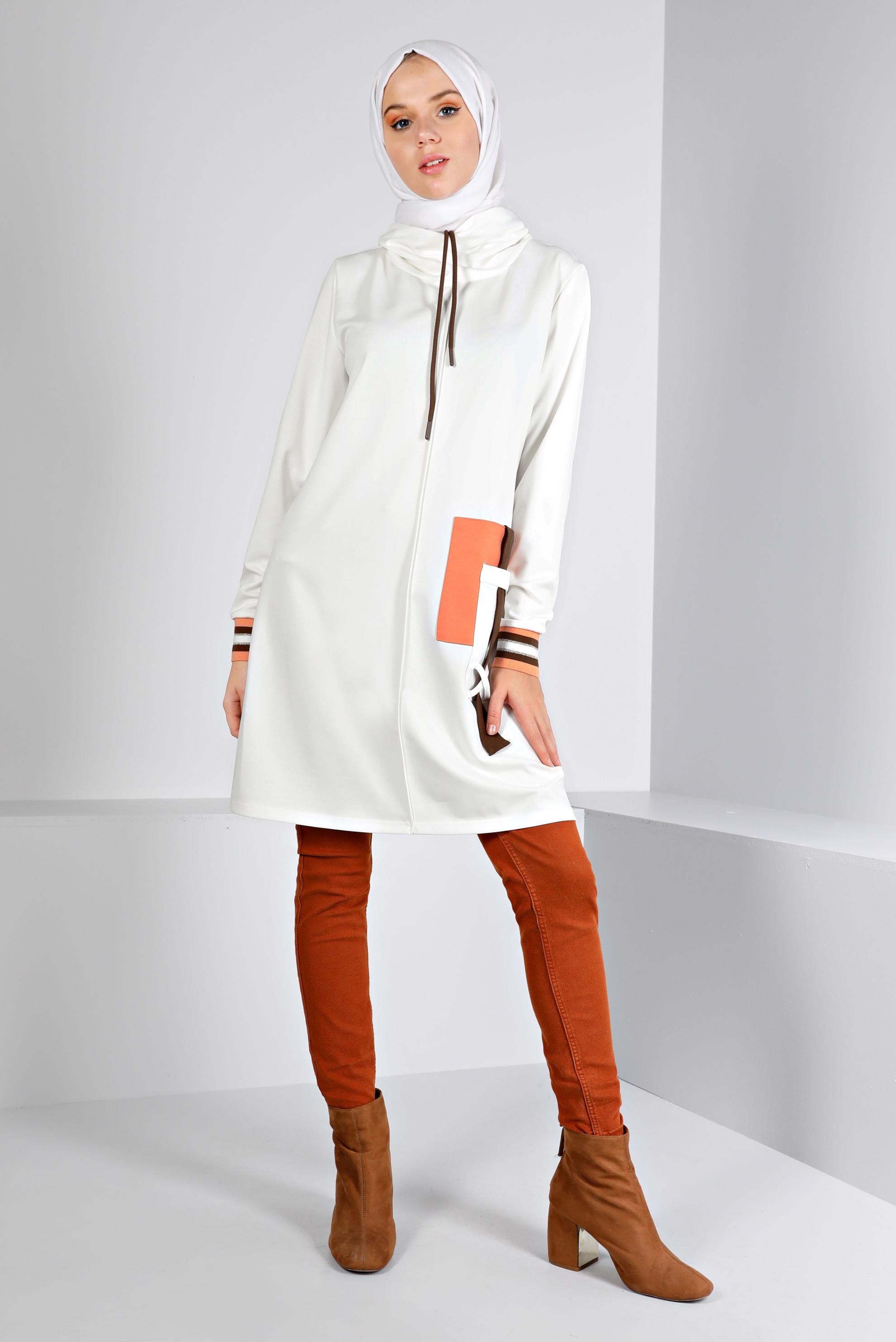 Tesettür giyim BEYAZ CEP DETAYLI BAĞCIKLI TUNİK 43376 