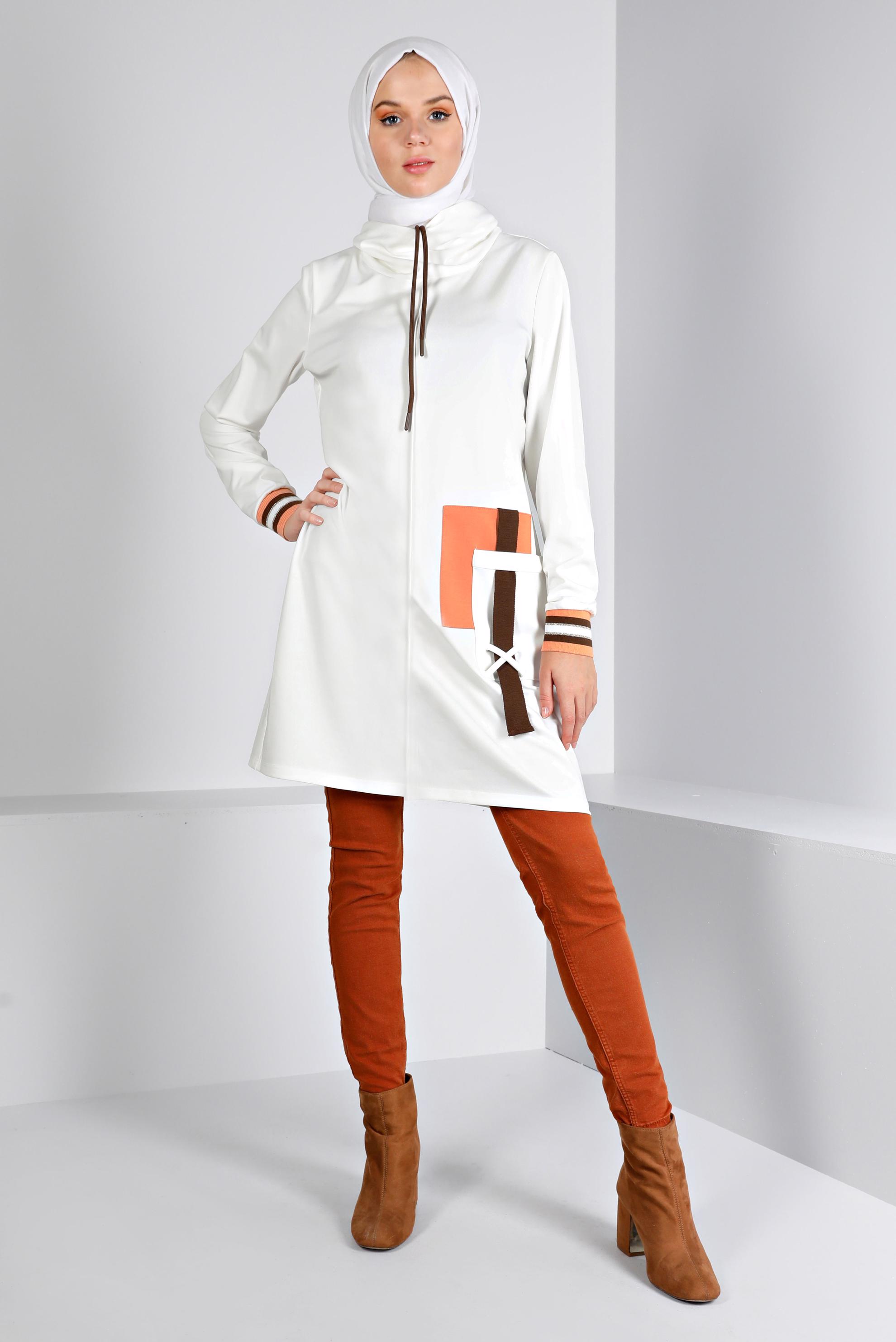 Tesettür giyim BEYAZ CEP DETAYLI BAĞCIKLI TUNİK 43376 