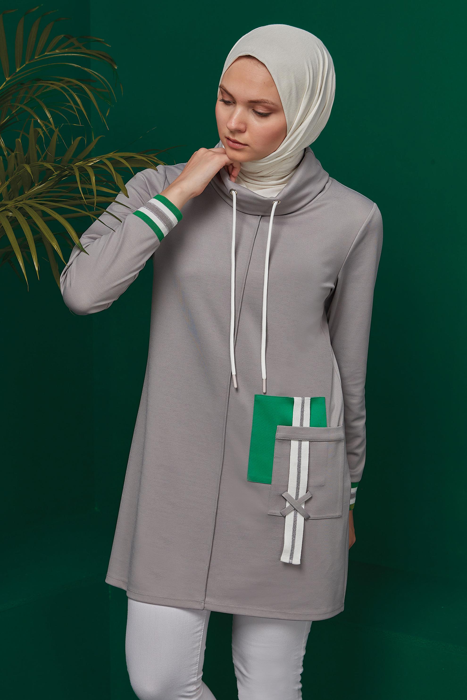 Tesettür giyim GRİ CEP DETAYLI BAĞCIKLI TUNİK 43376 