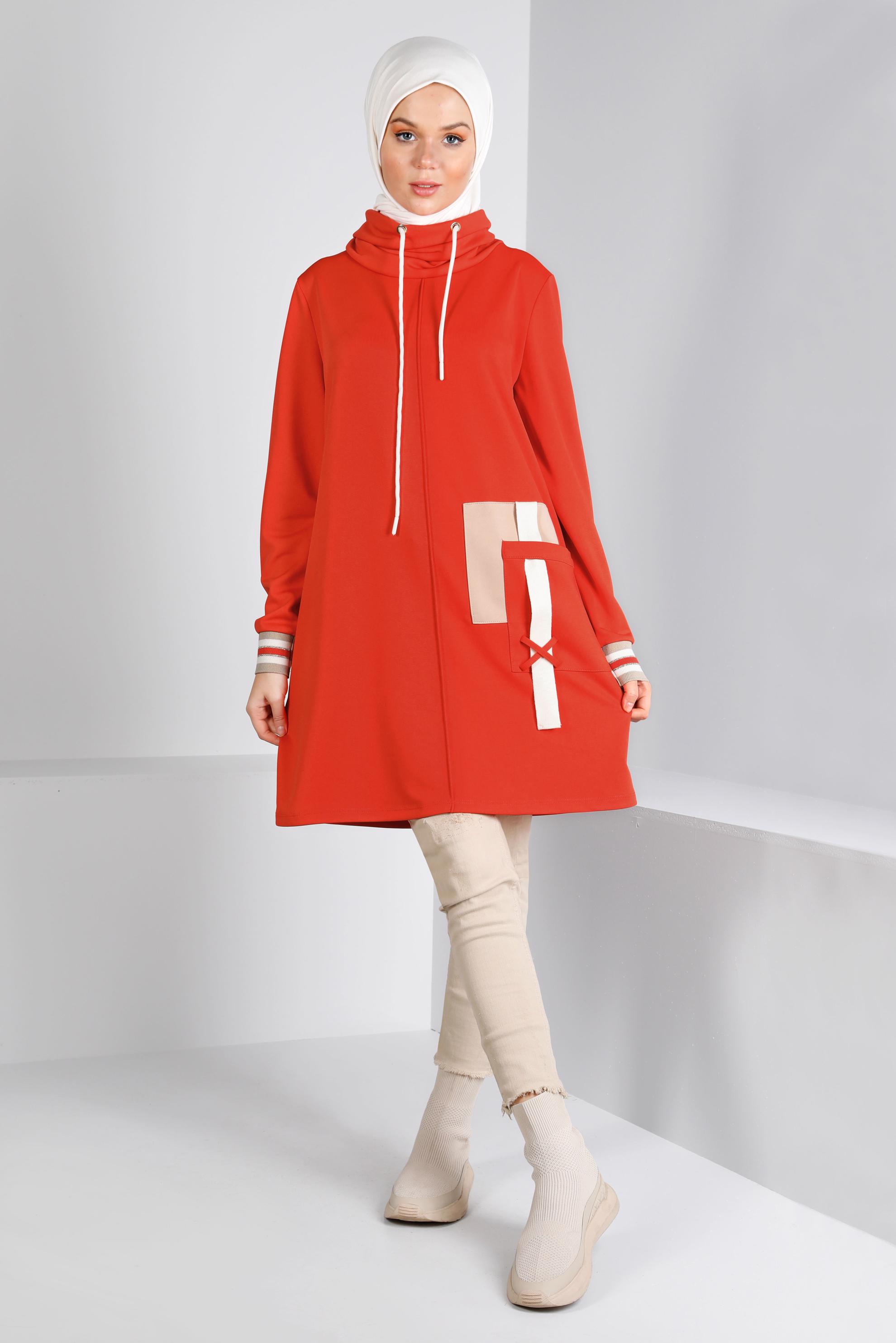 Tesettür giyim MERCAN CEP DETAYLI BAĞCIKLI TUNİK 43376 