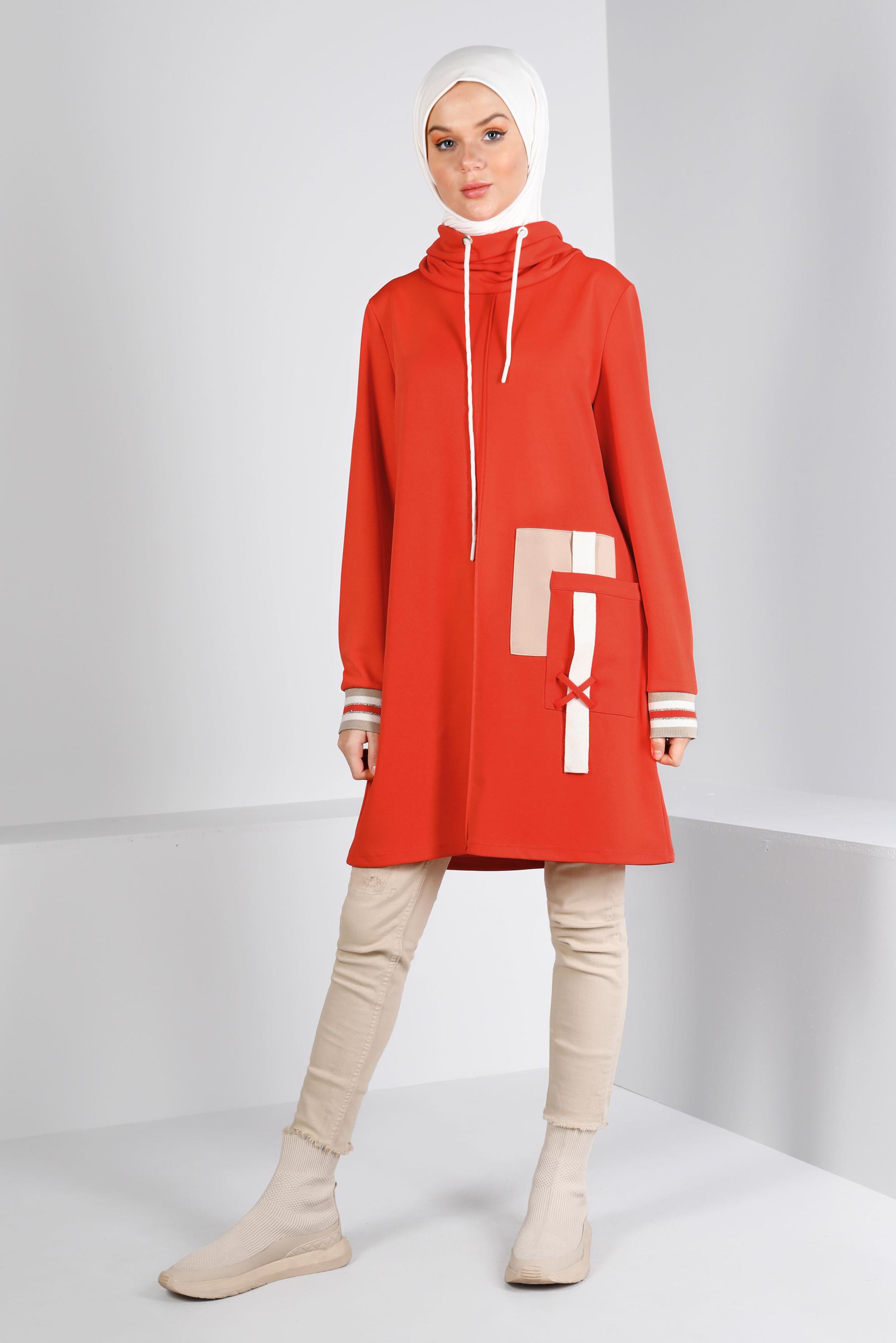 Tesettür giyim MERCAN CEP DETAYLI BAĞCIKLI TUNİK 43376 