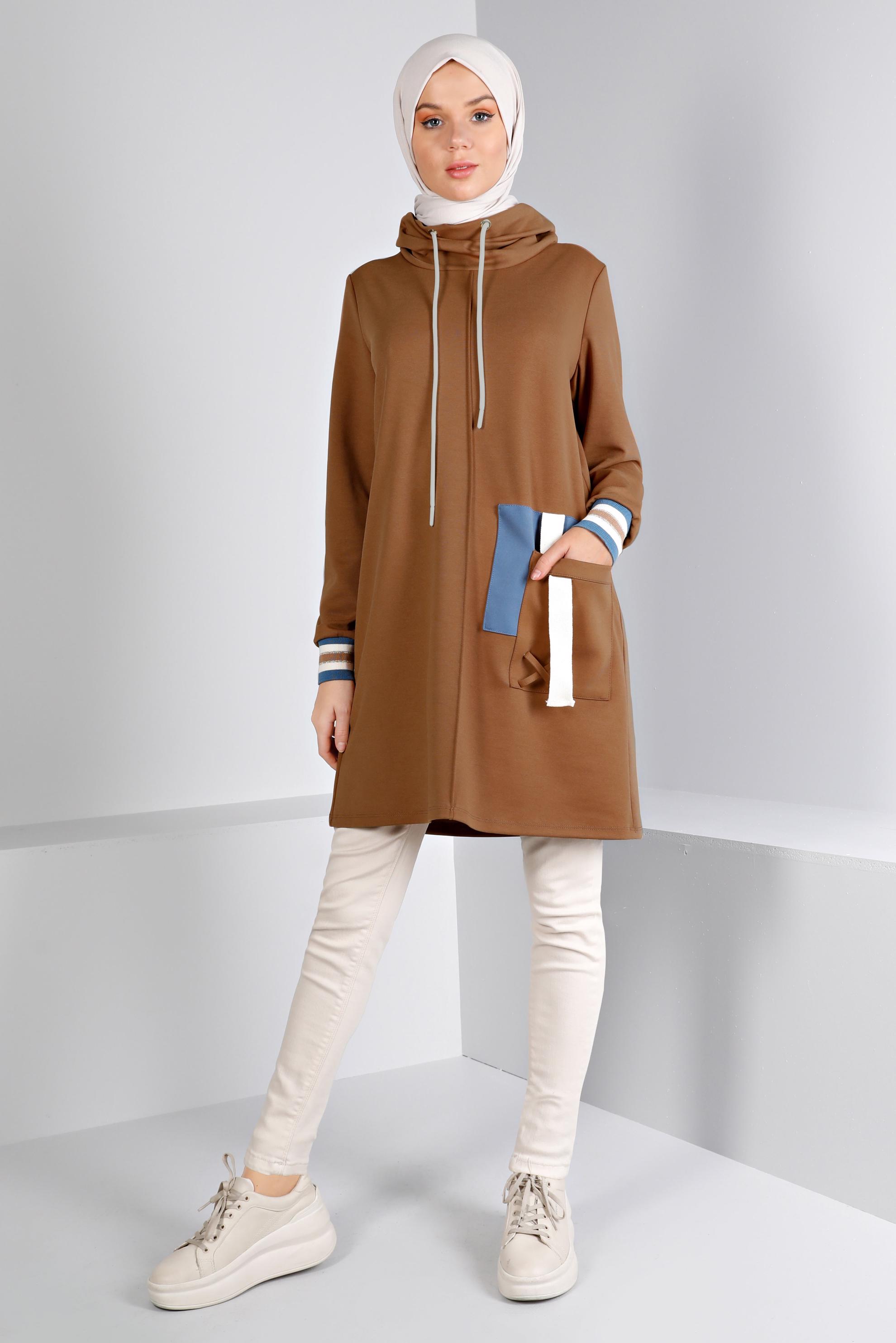 Tesettür giyim KAHVE CEP DETAYLI BAĞCIKLI TUNİK 43376 