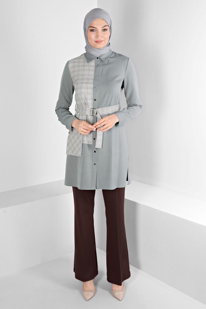 Tesettür giyim GRİ EKOSE DESEN DETAYLI CEPLİ TUNİK 43377 - ALVİNA