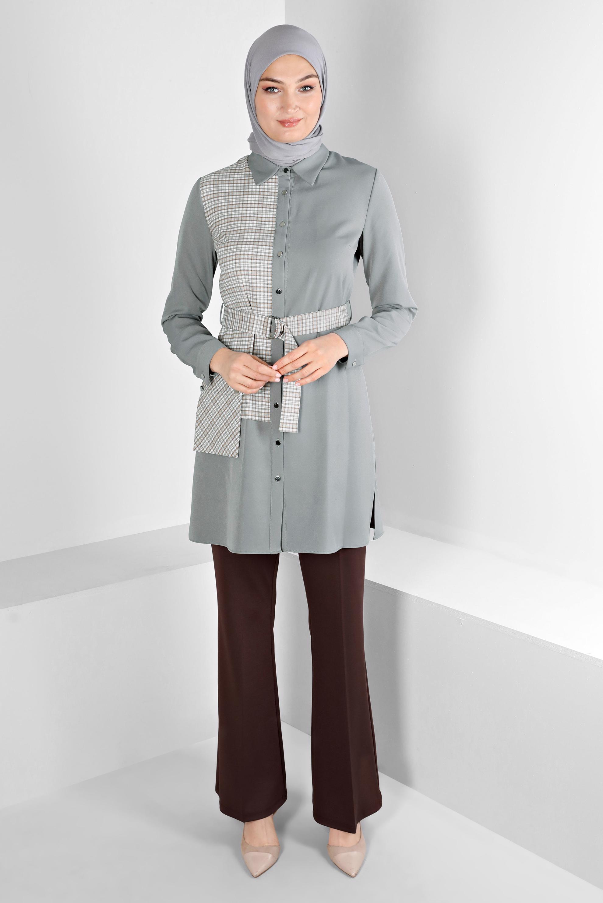 Tesettür giyim GRİ EKOSE DESEN DETAYLI CEPLİ TUNİK 43377