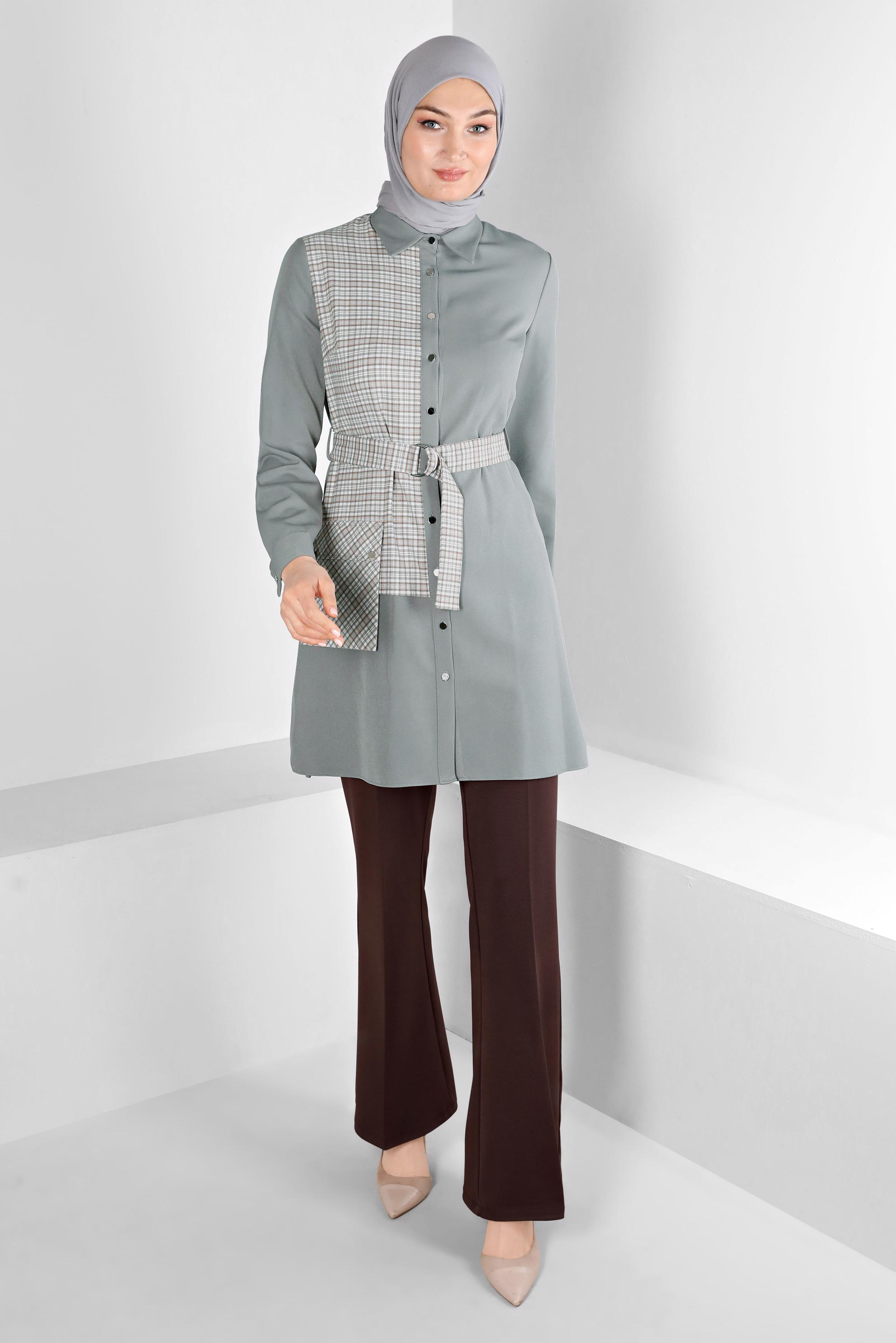 Tesettür giyim GRİ EKOSE DESEN DETAYLI CEPLİ TUNİK 43377