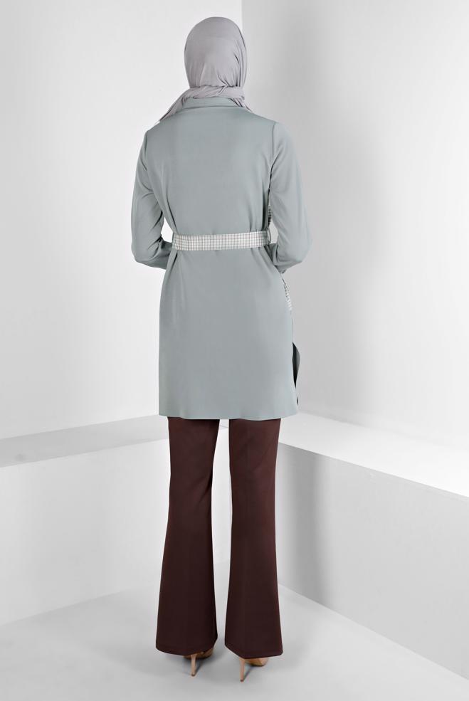 Tesettür giyim GRİ EKOSE DESEN DETAYLI CEPLİ TUNİK 43377 - ALVİNA