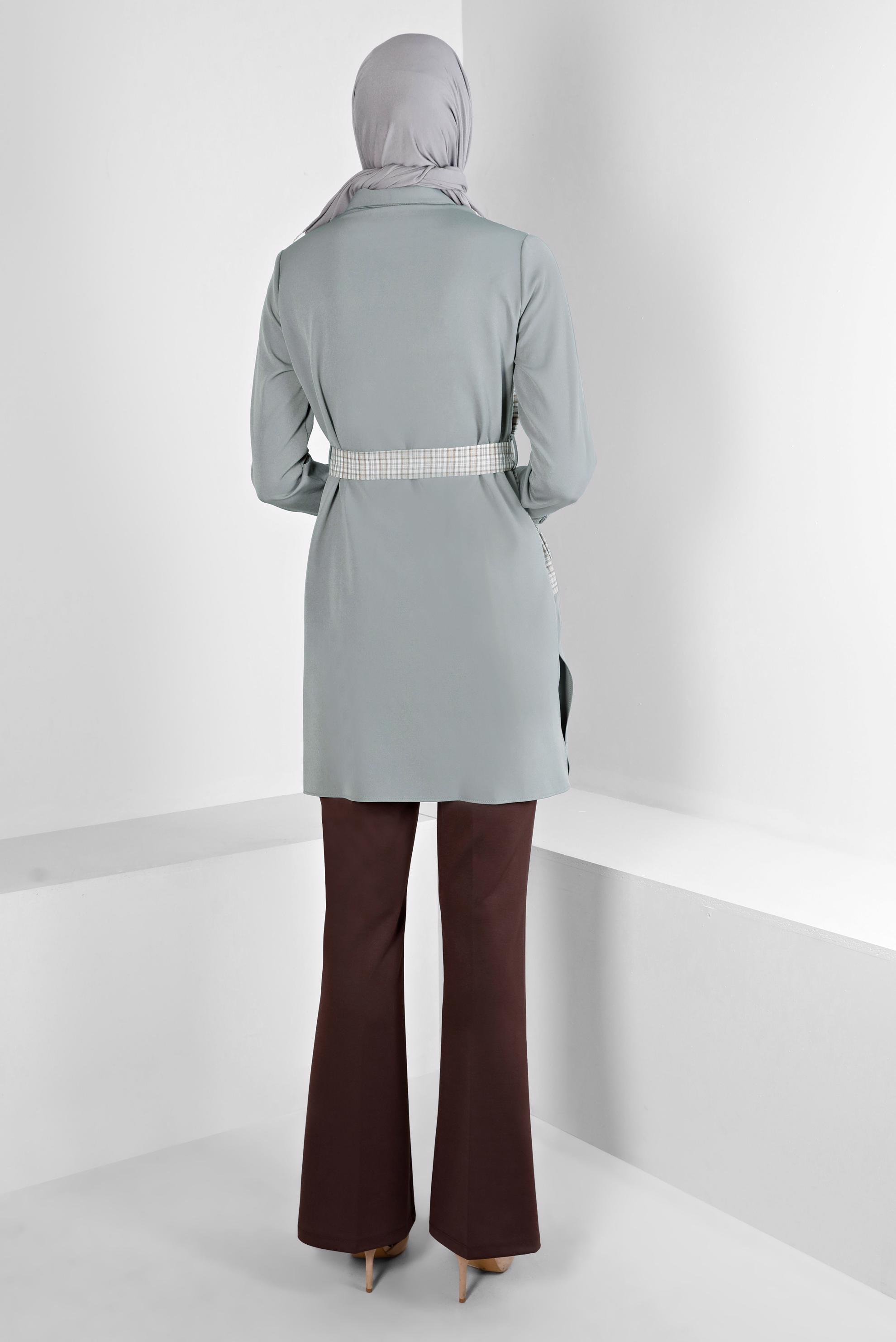 Tesettür giyim GRİ EKOSE DESEN DETAYLI CEPLİ TUNİK 43377