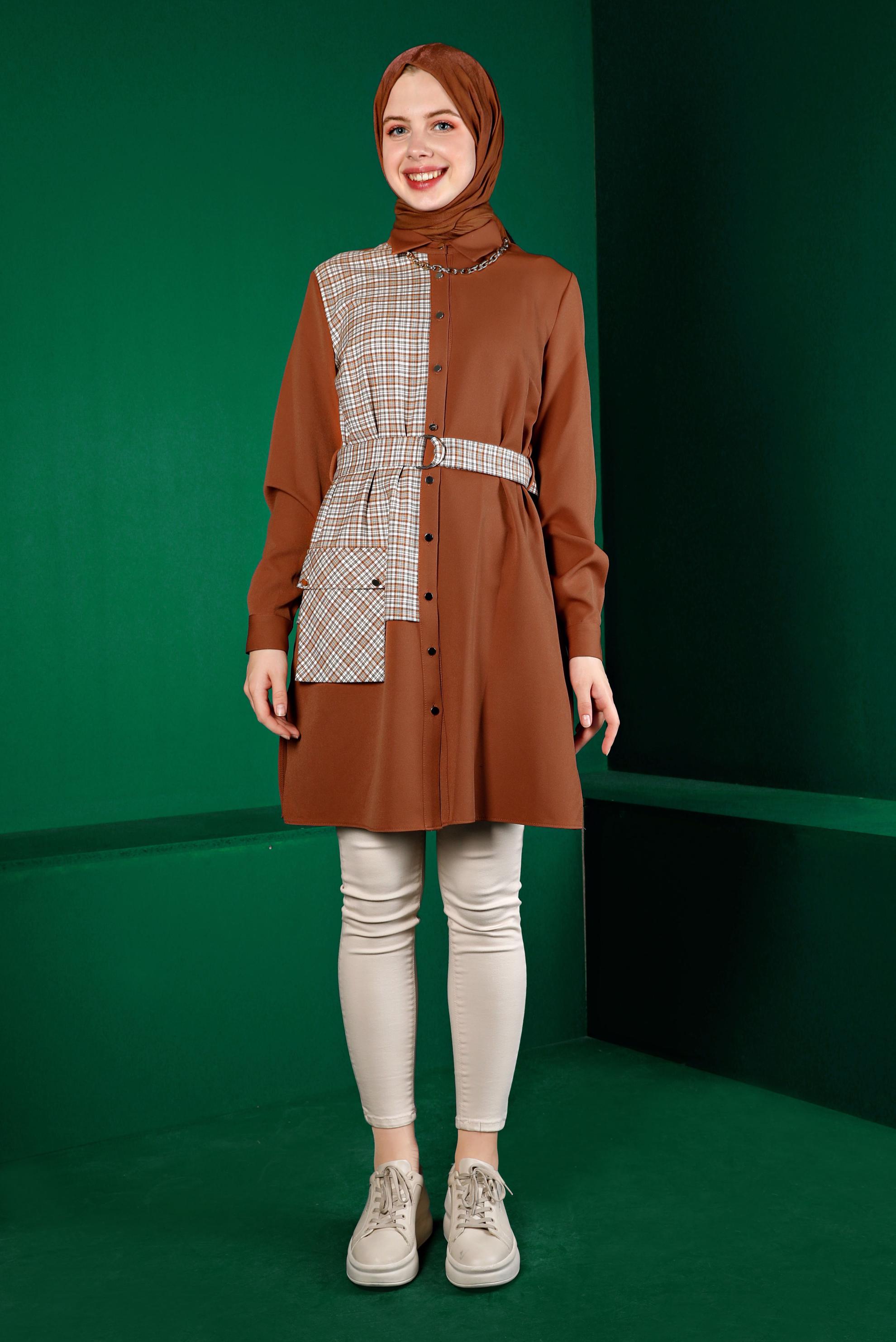 Tesettür giyim TABA EKOSE DESEN DETAYLI CEPLİ TUNİK 43377