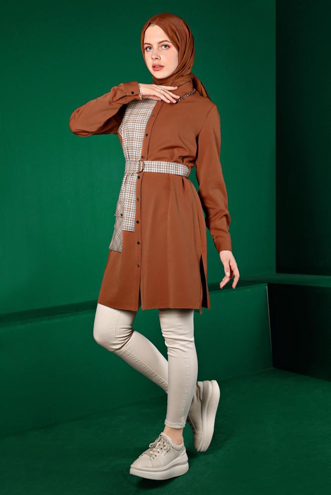 Tesettür giyim TABA EKOSE DESEN DETAYLI CEPLİ TUNİK 43377 - ALVİNA