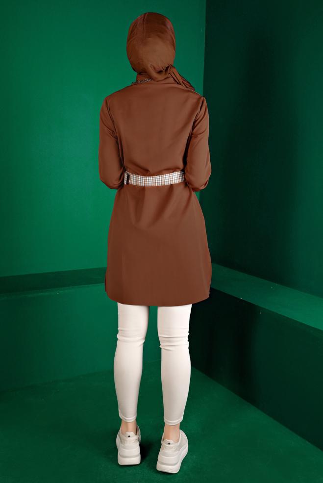 Tesettür giyim TABA EKOSE DESEN DETAYLI CEPLİ TUNİK 43377 - ALVİNA