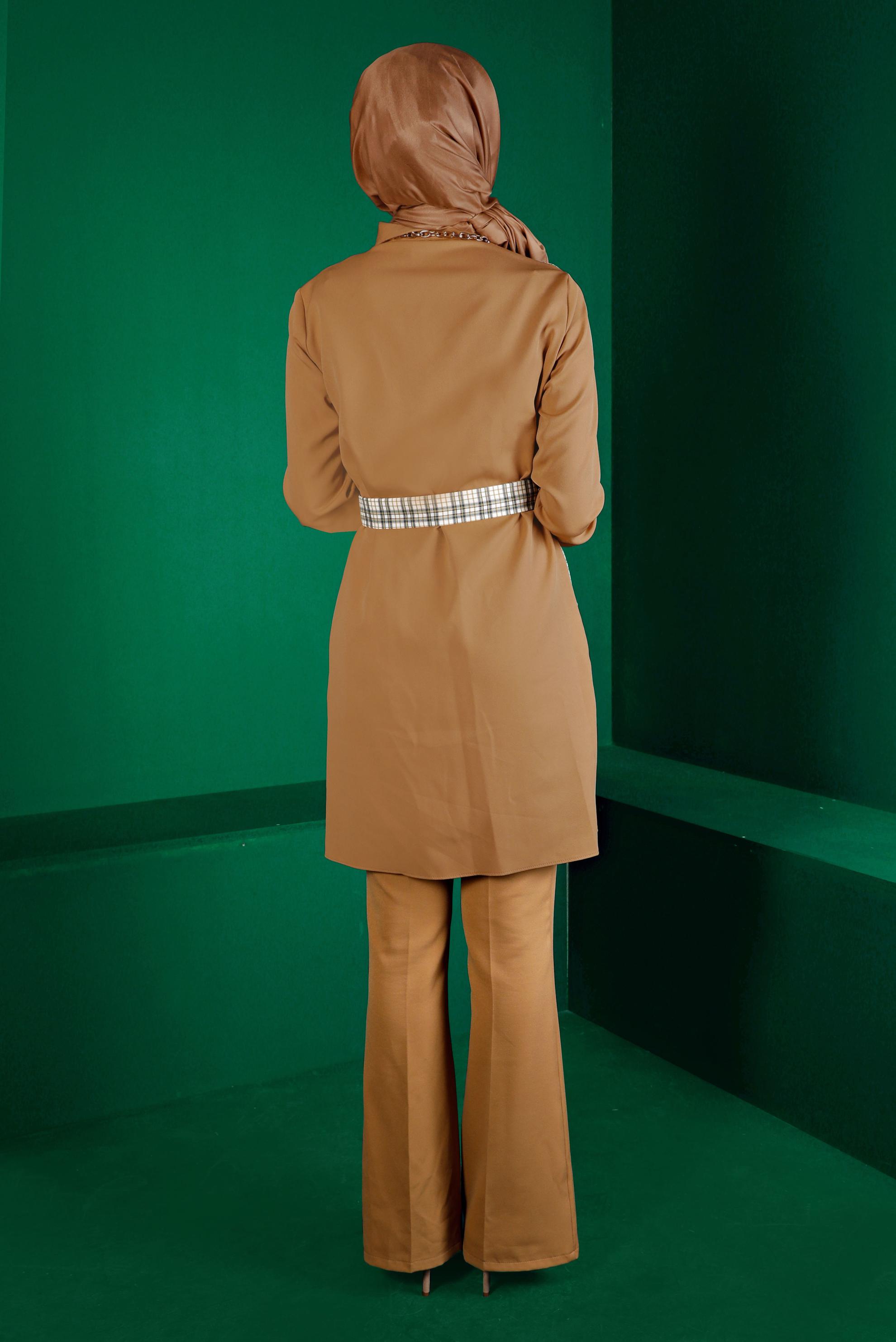 Tesettür giyim KAHVE EKOSE DESEN DETAYLI CEPLİ TUNİK 43377