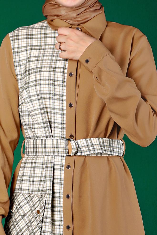 Tesettür giyim KAHVE EKOSE DESEN DETAYLI CEPLİ TUNİK 43377 - ALVİNA