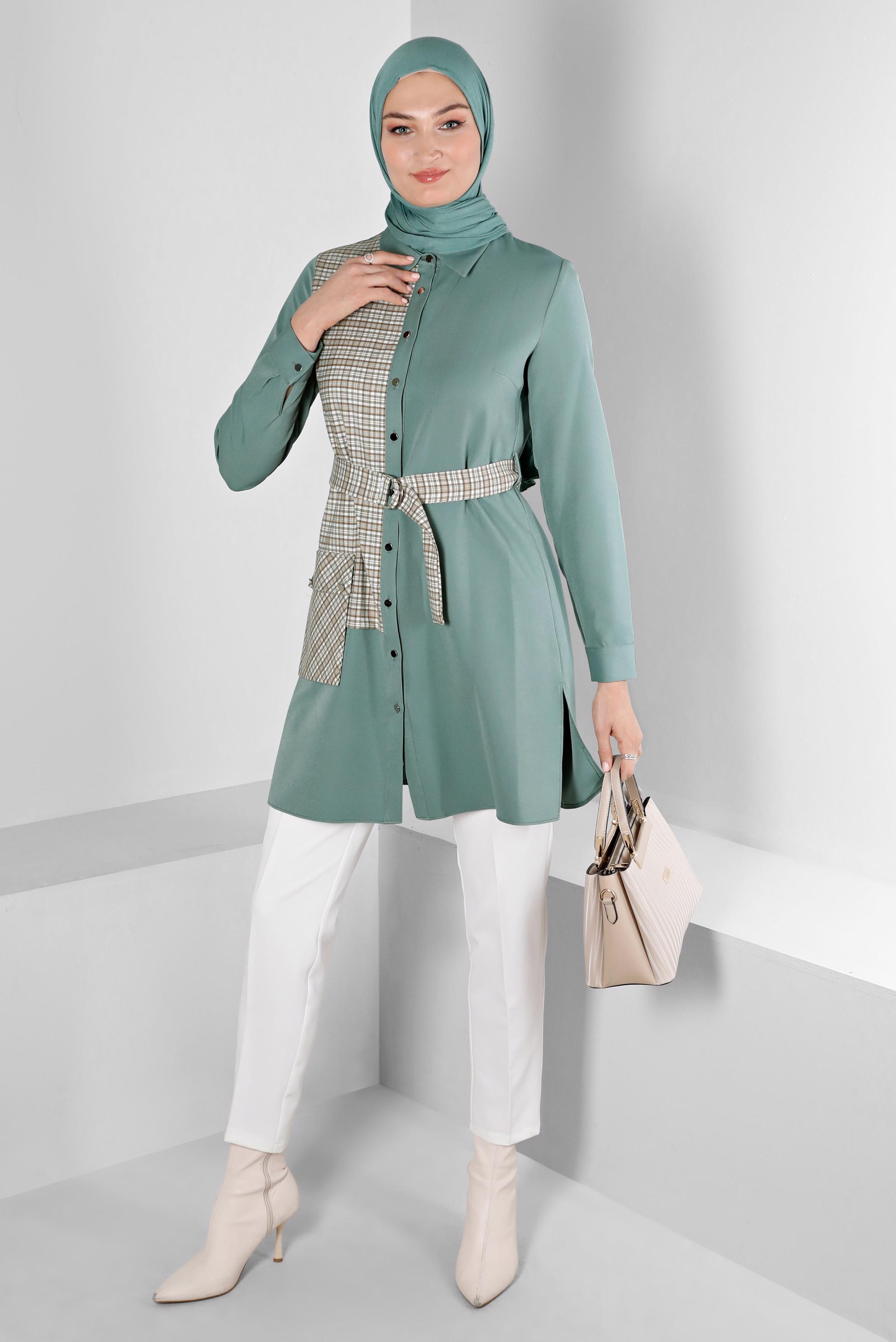 Hijab clothing GREEN CHECK PATTERN DETAIL TUNIC WITH POCKET 43377
