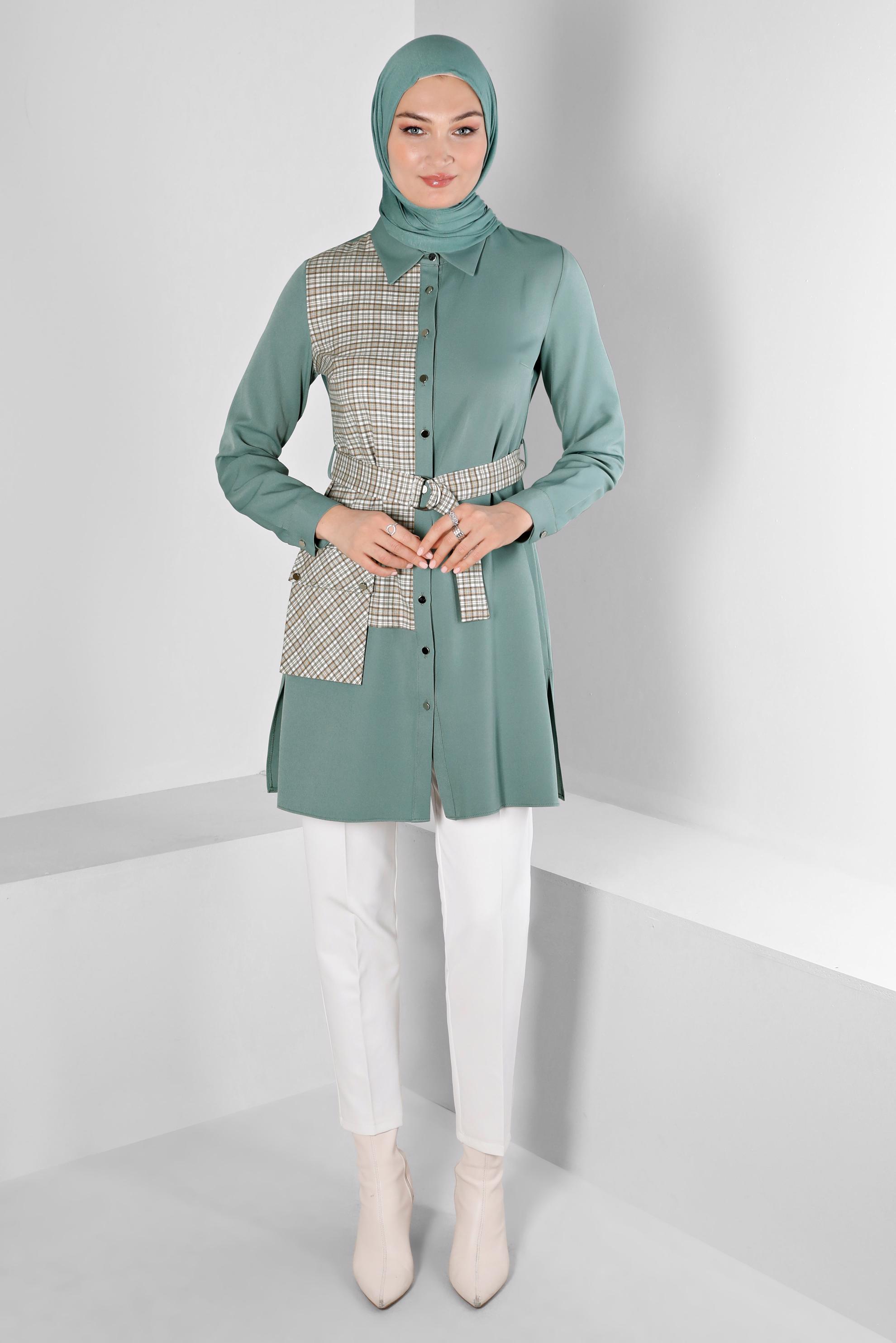 Hijab clothing GREEN CHECK PATTERN DETAIL TUNIC WITH POCKET 43377