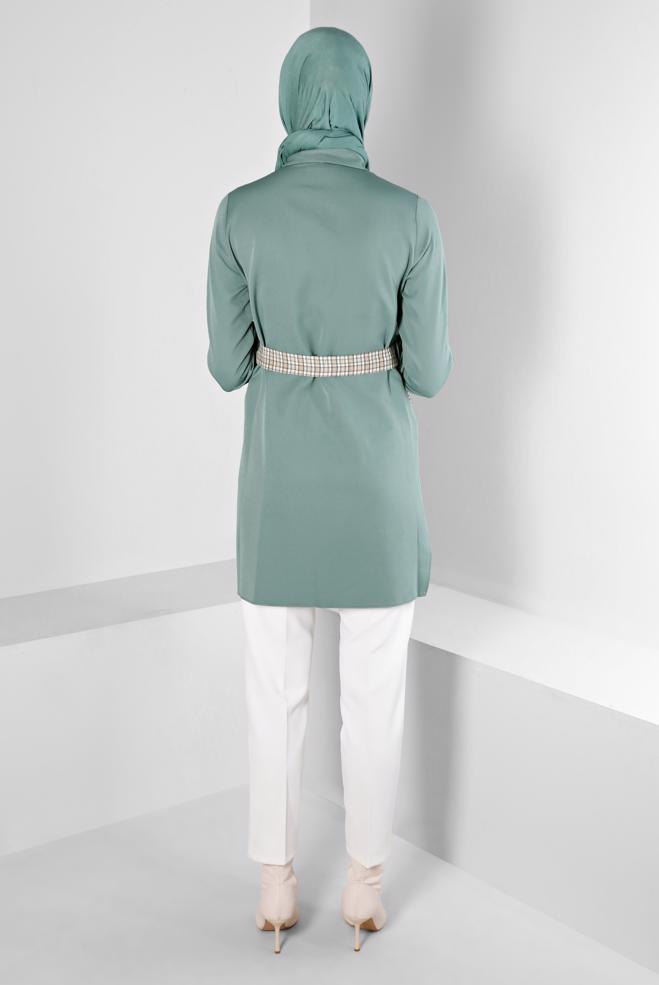 Tesettür giyim YEŞİL EKOSE DESEN DETAYLI CEPLİ TUNİK 43377 - ALVİNA