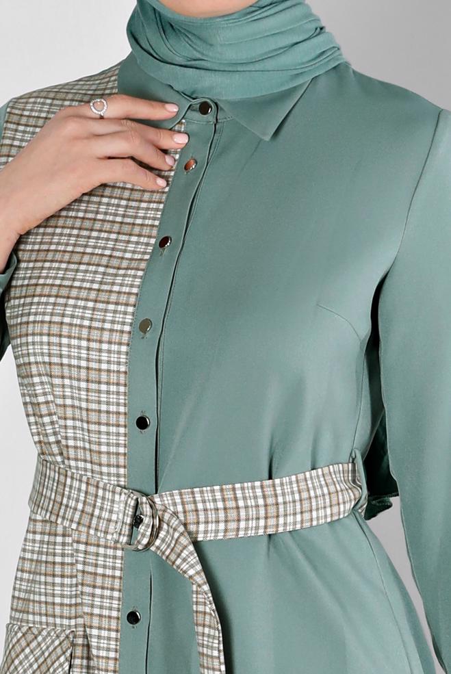 Tesettür giyim YEŞİL EKOSE DESEN DETAYLI CEPLİ TUNİK 43377 - ALVİNA