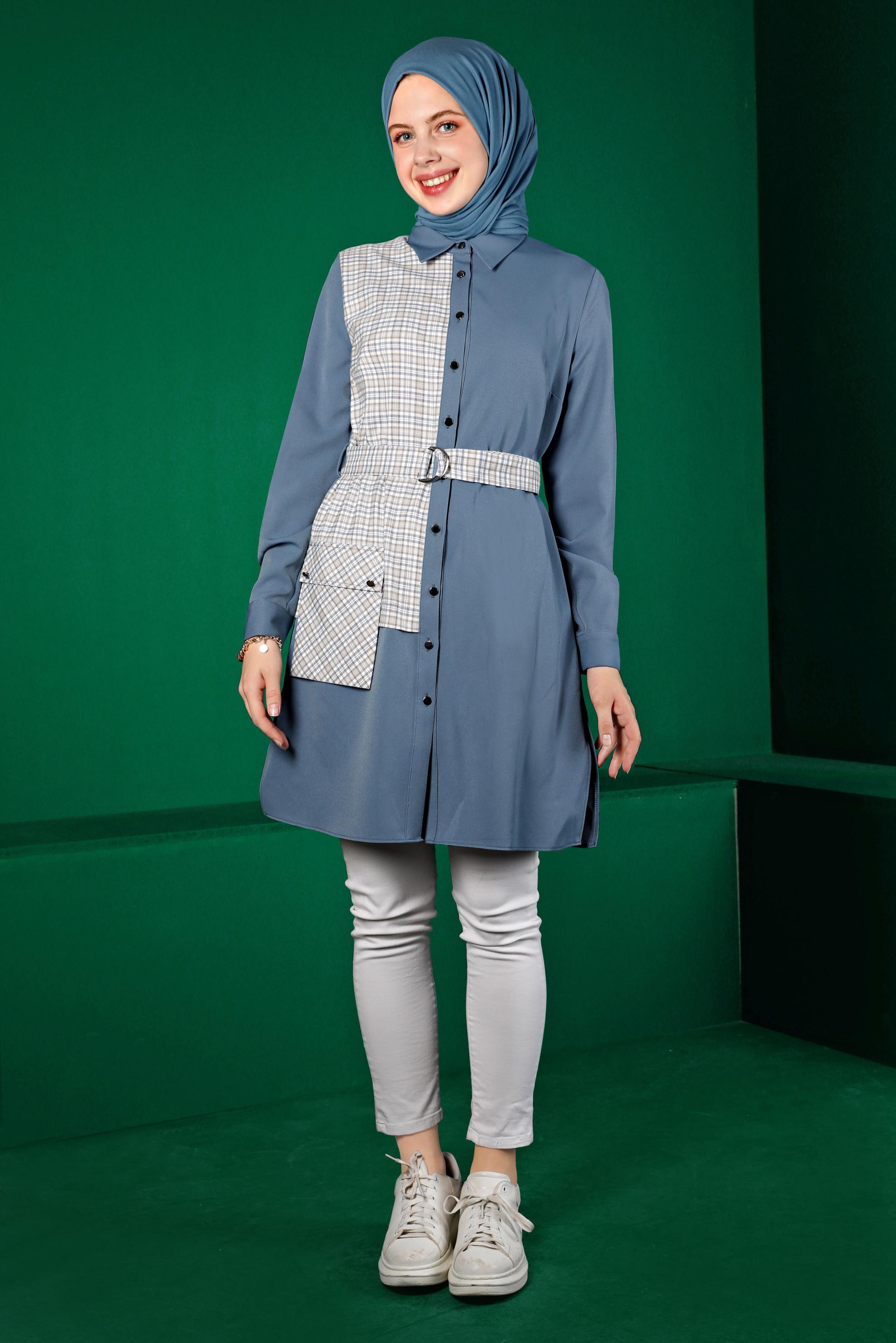 Tesettür giyim MAVİ EKOSE DESEN DETAYLI CEPLİ TUNİK 43377