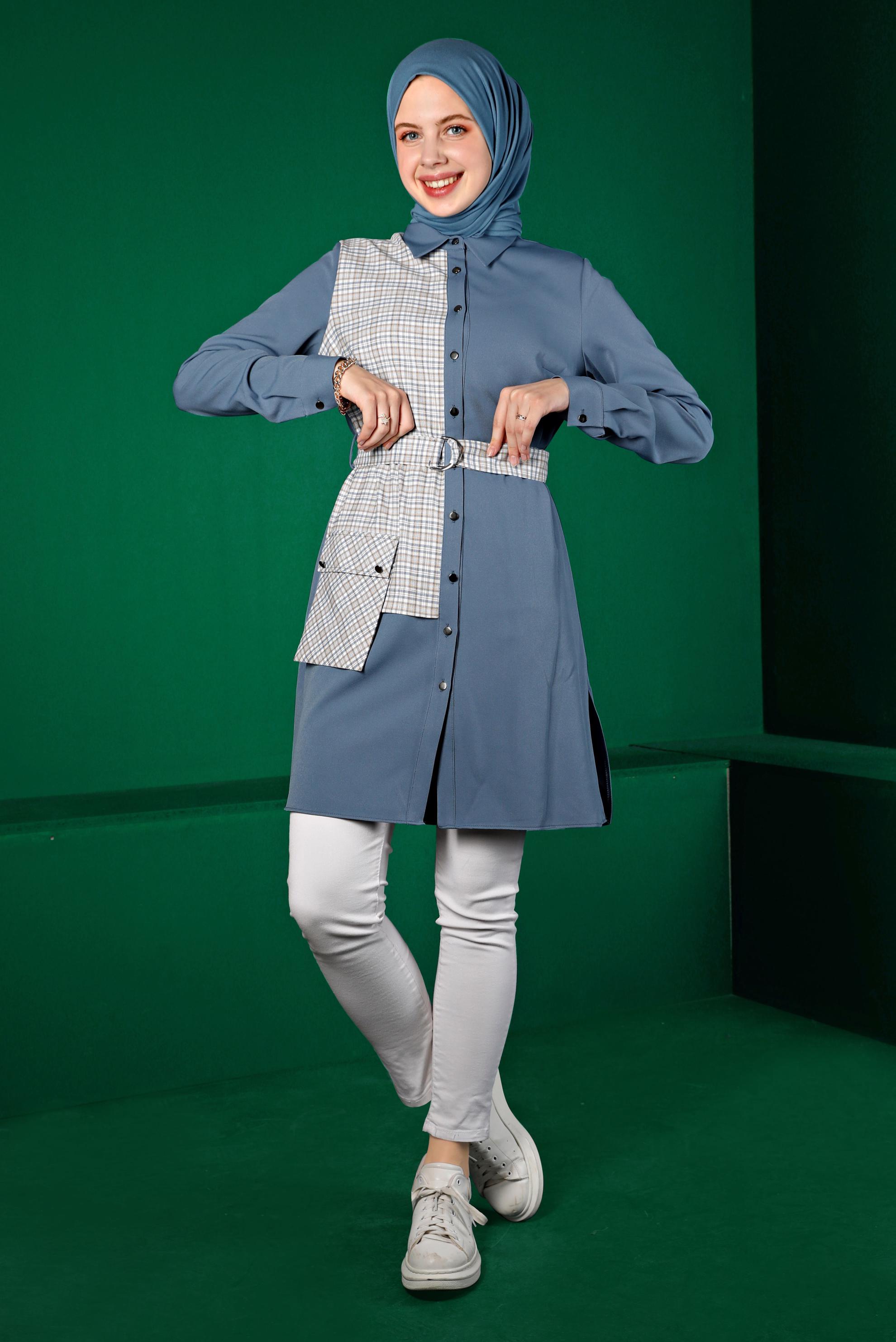 Tesettür giyim MAVİ EKOSE DESEN DETAYLI CEPLİ TUNİK 43377