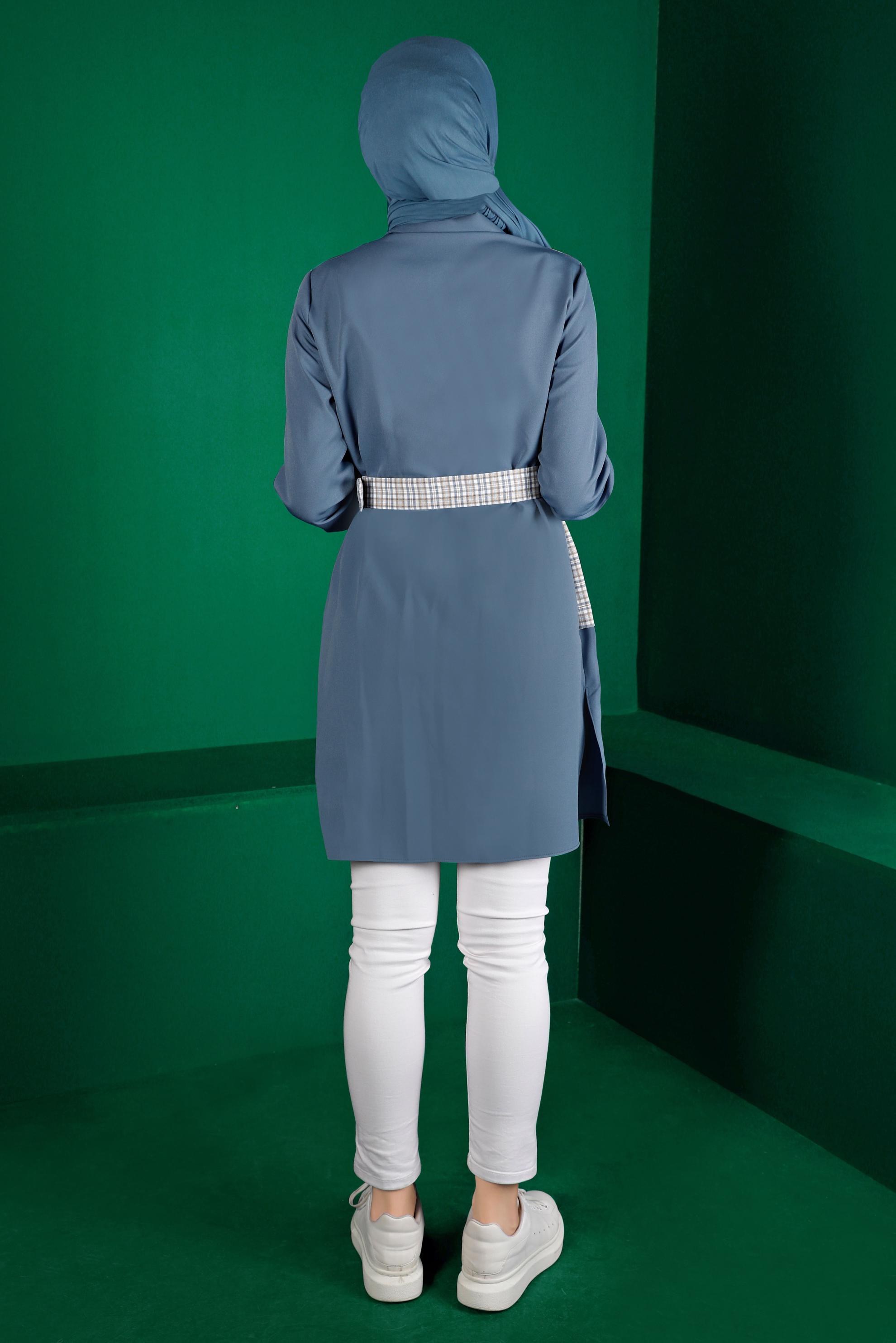 Tesettür giyim MAVİ EKOSE DESEN DETAYLI CEPLİ TUNİK 43377