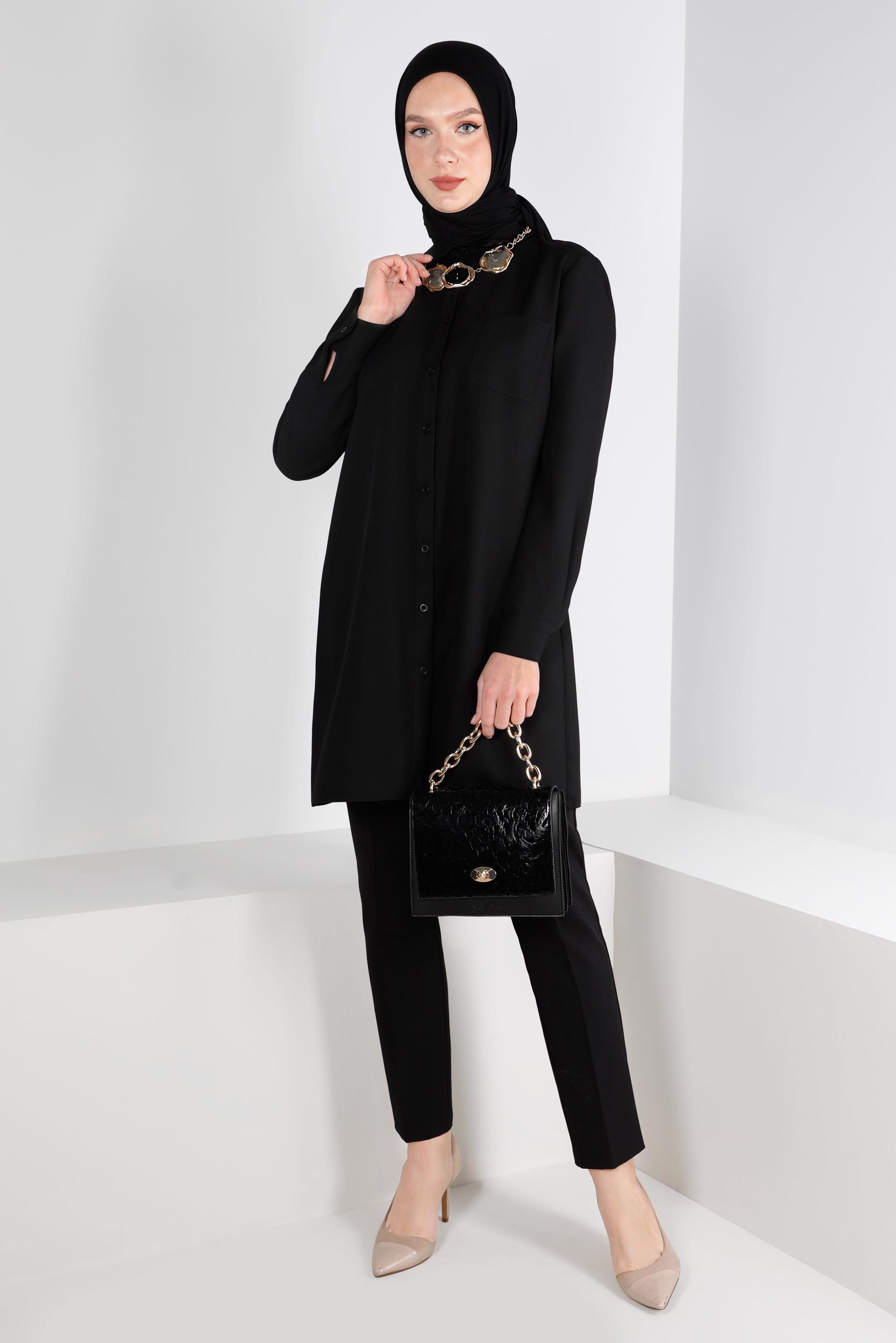 Tesettür giyim SİYAH DÜĞMELİ CEPLİ TUNİK 43384 