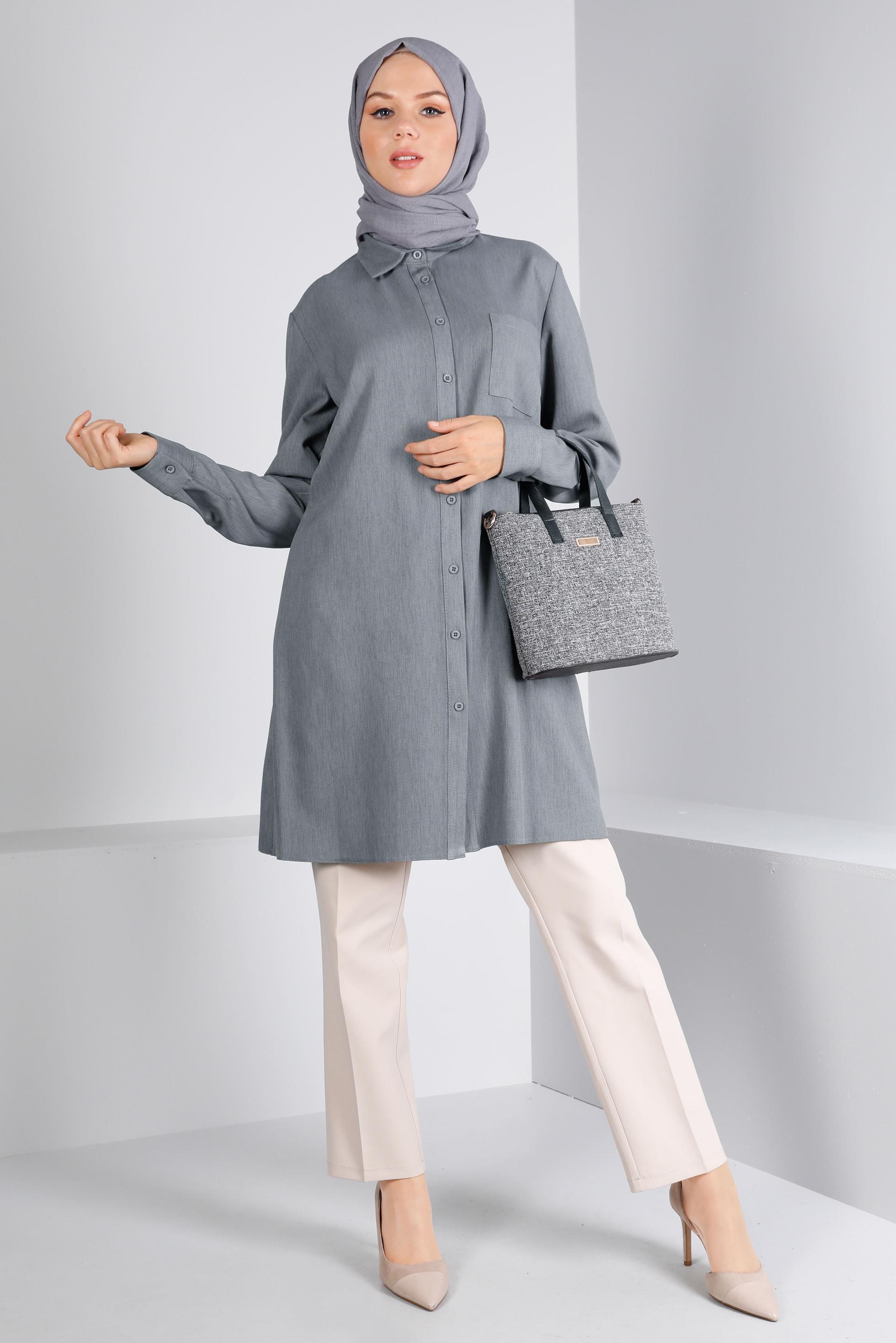 Tesettür giyim GRİ DÜĞMELİ CEPLİ TUNİK 43384 