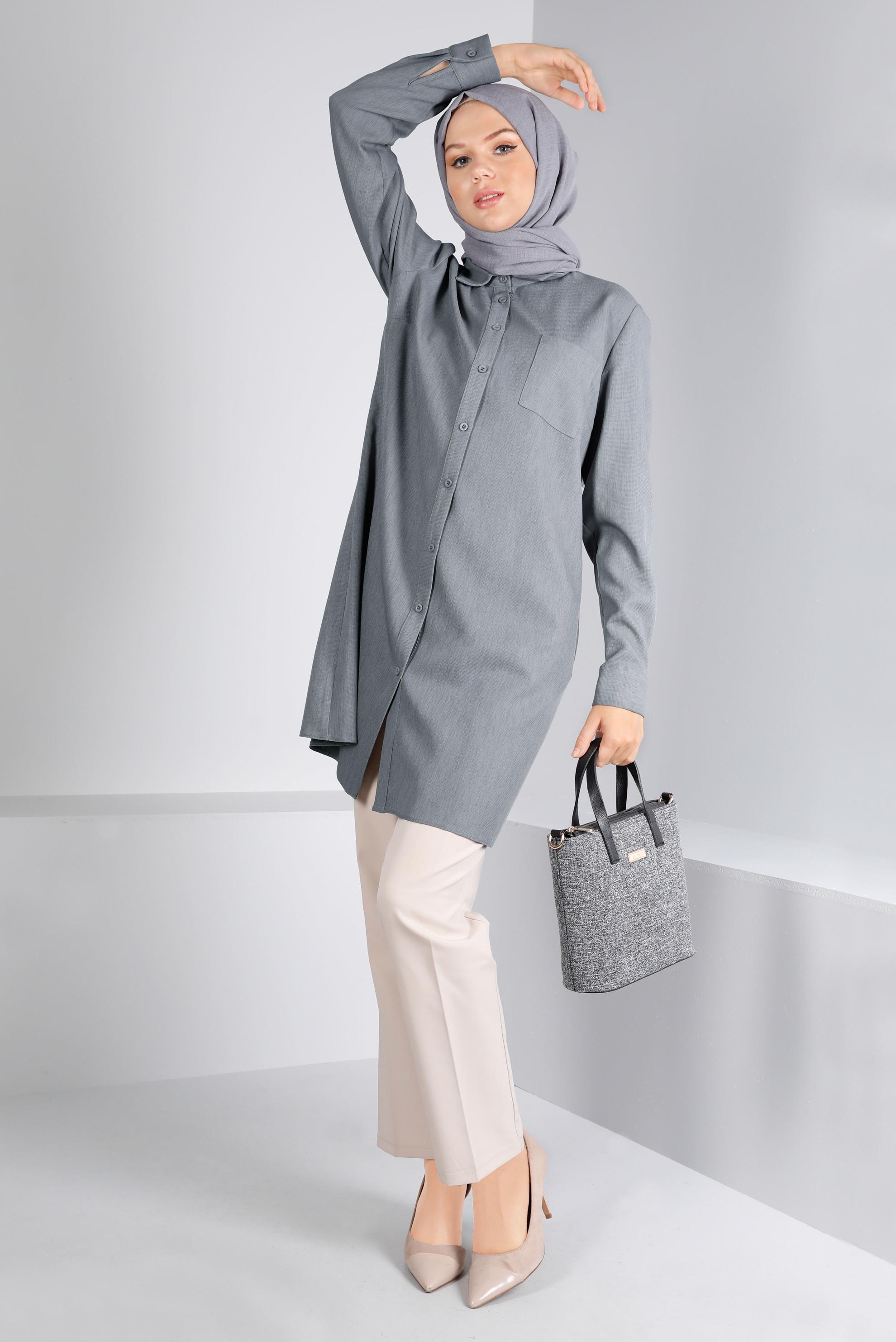 Tesettür giyim GRİ DÜĞMELİ CEPLİ TUNİK 43384 