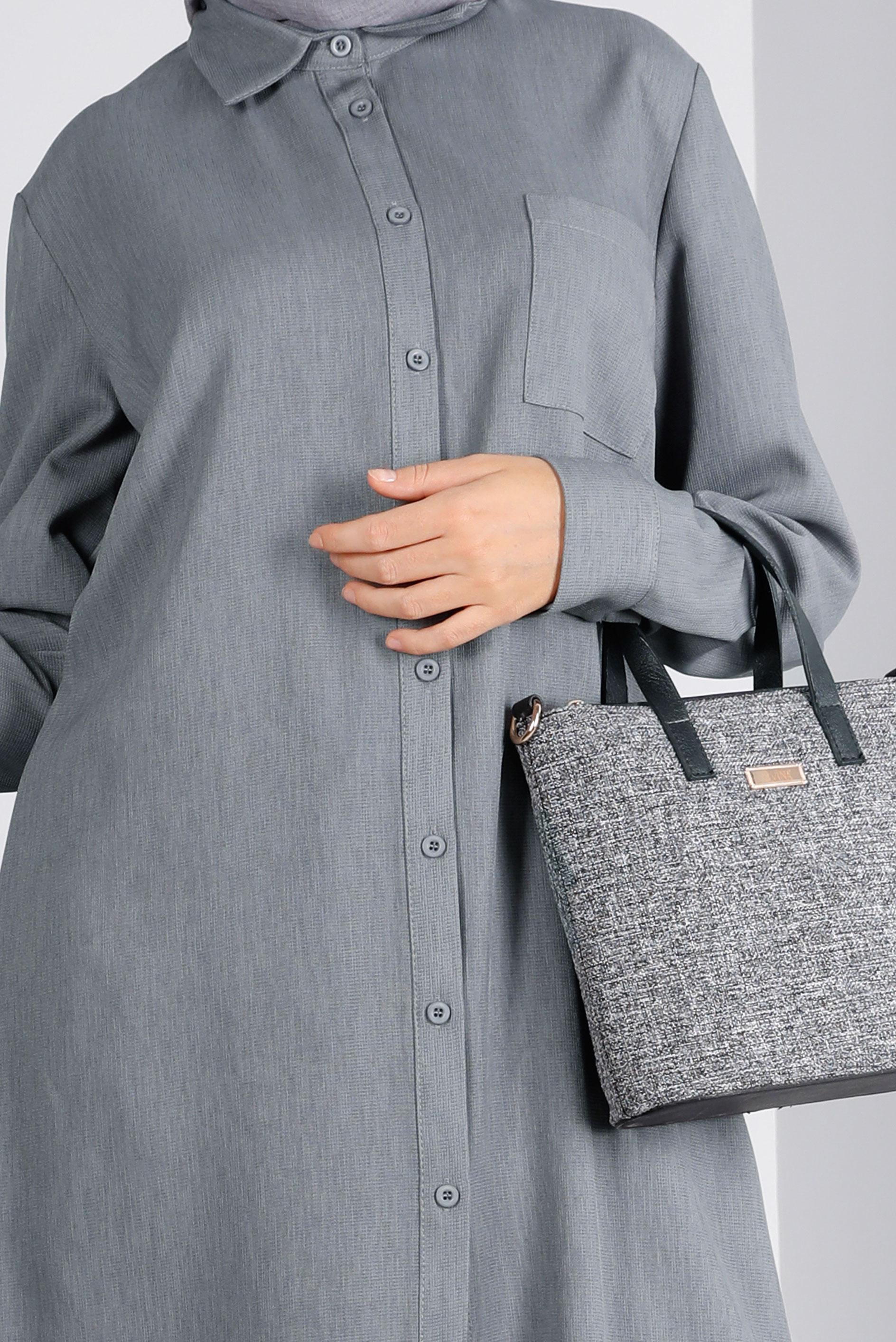 Tesettür giyim GRİ DÜĞMELİ CEPLİ TUNİK 43384 