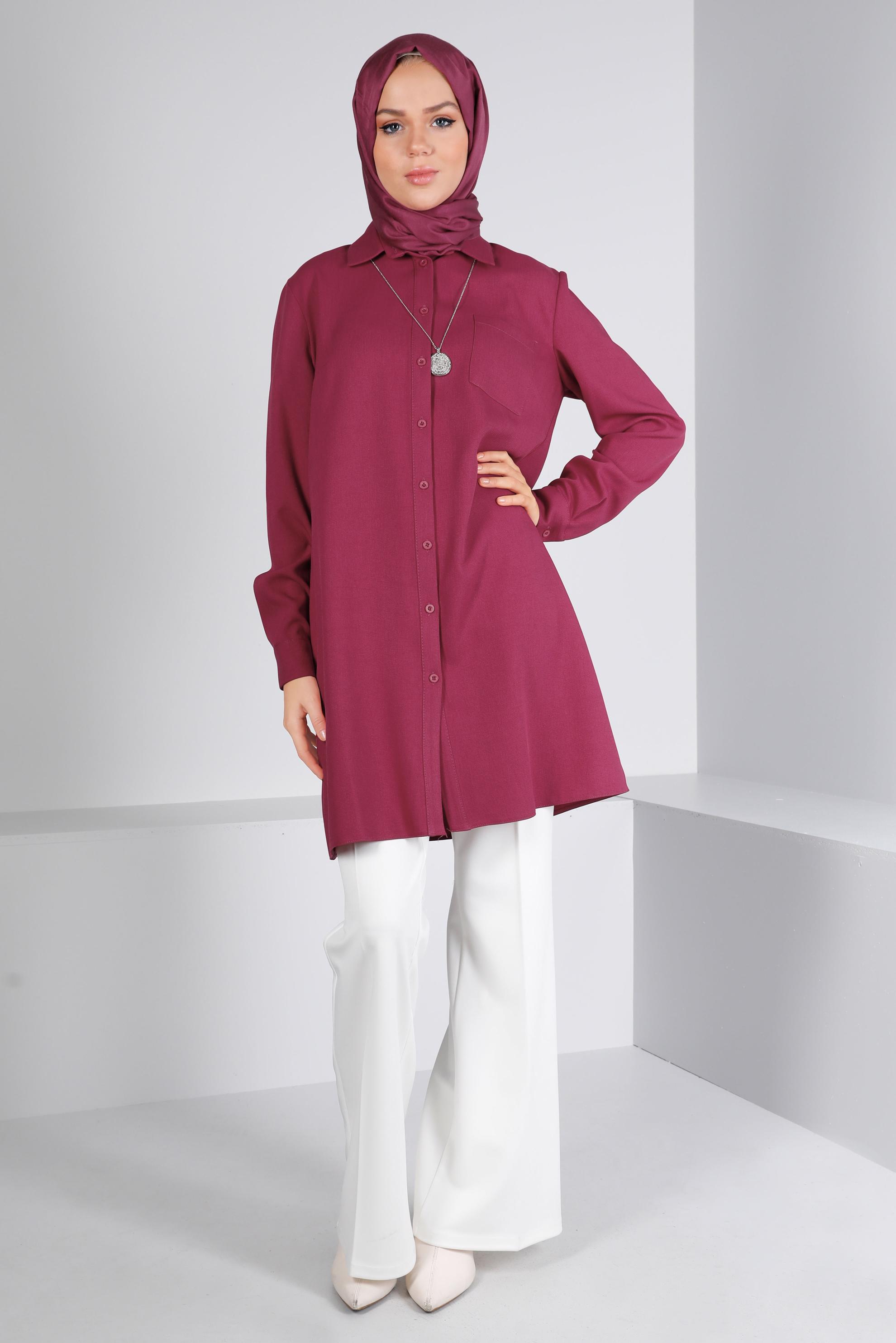 Tesettür giyim FUŞYA DÜĞMELİ CEPLİ TUNİK 43384 