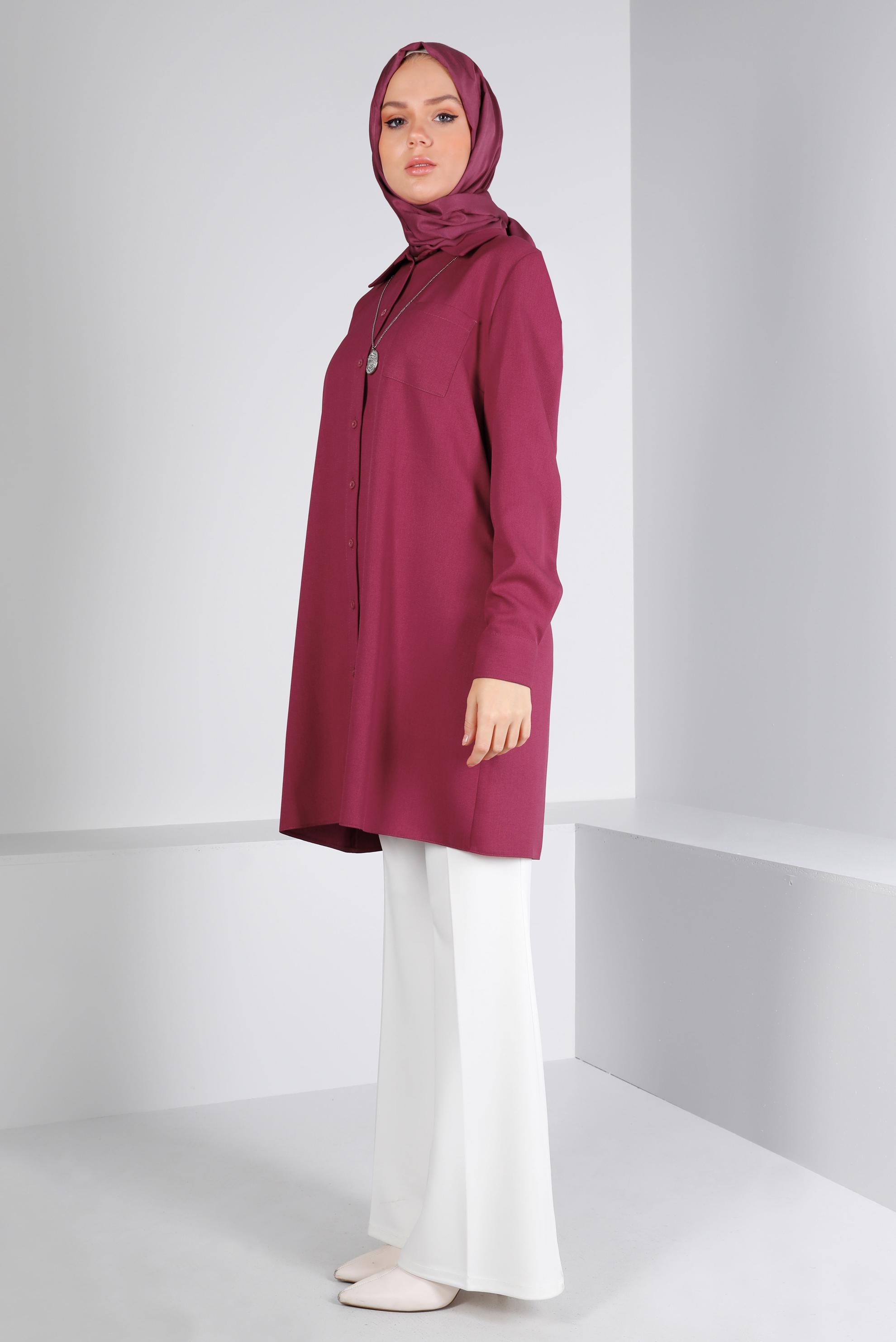 Tesettür giyim FUŞYA DÜĞMELİ CEPLİ TUNİK 43384 