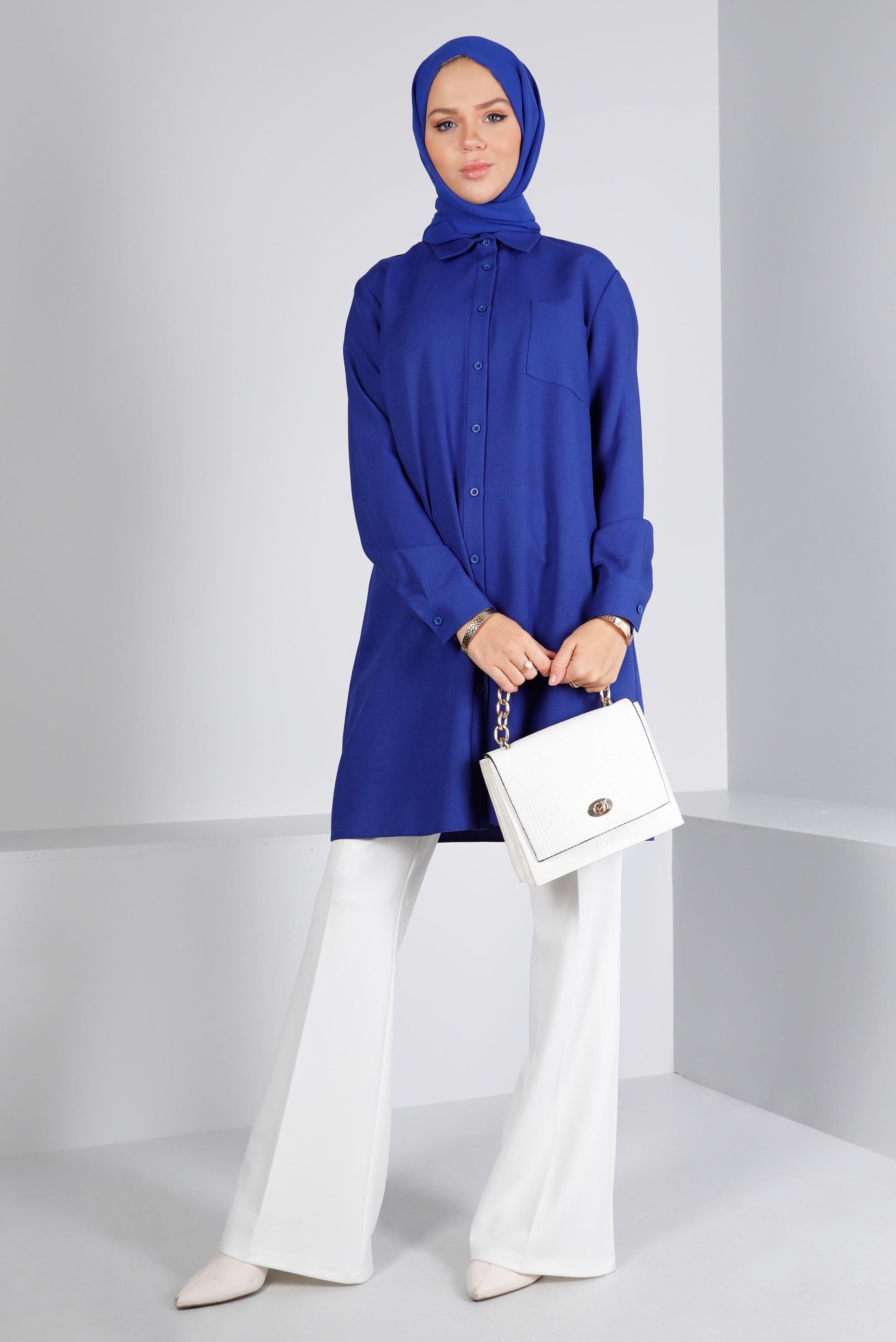 Tesettür giyim LACİVERT DÜĞMELİ CEPLİ TUNİK 43384 