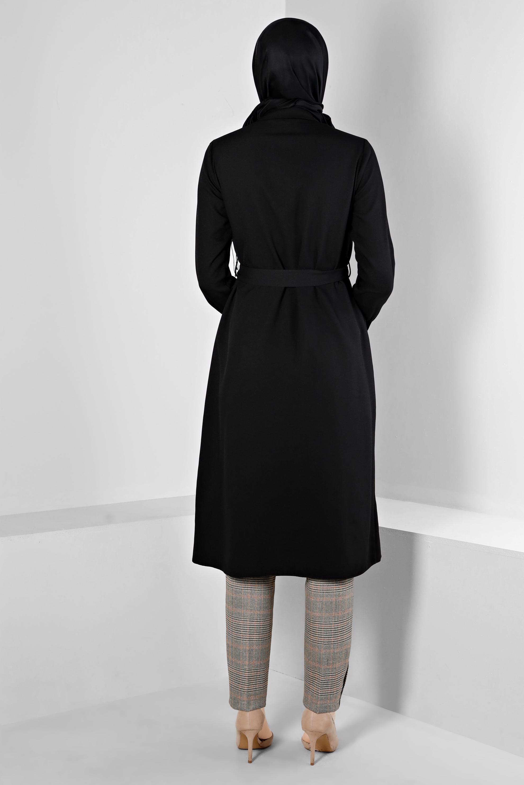 Tesettür giyim SİYAH DÜĞMELİ KUŞAKLI TUNİK 43385