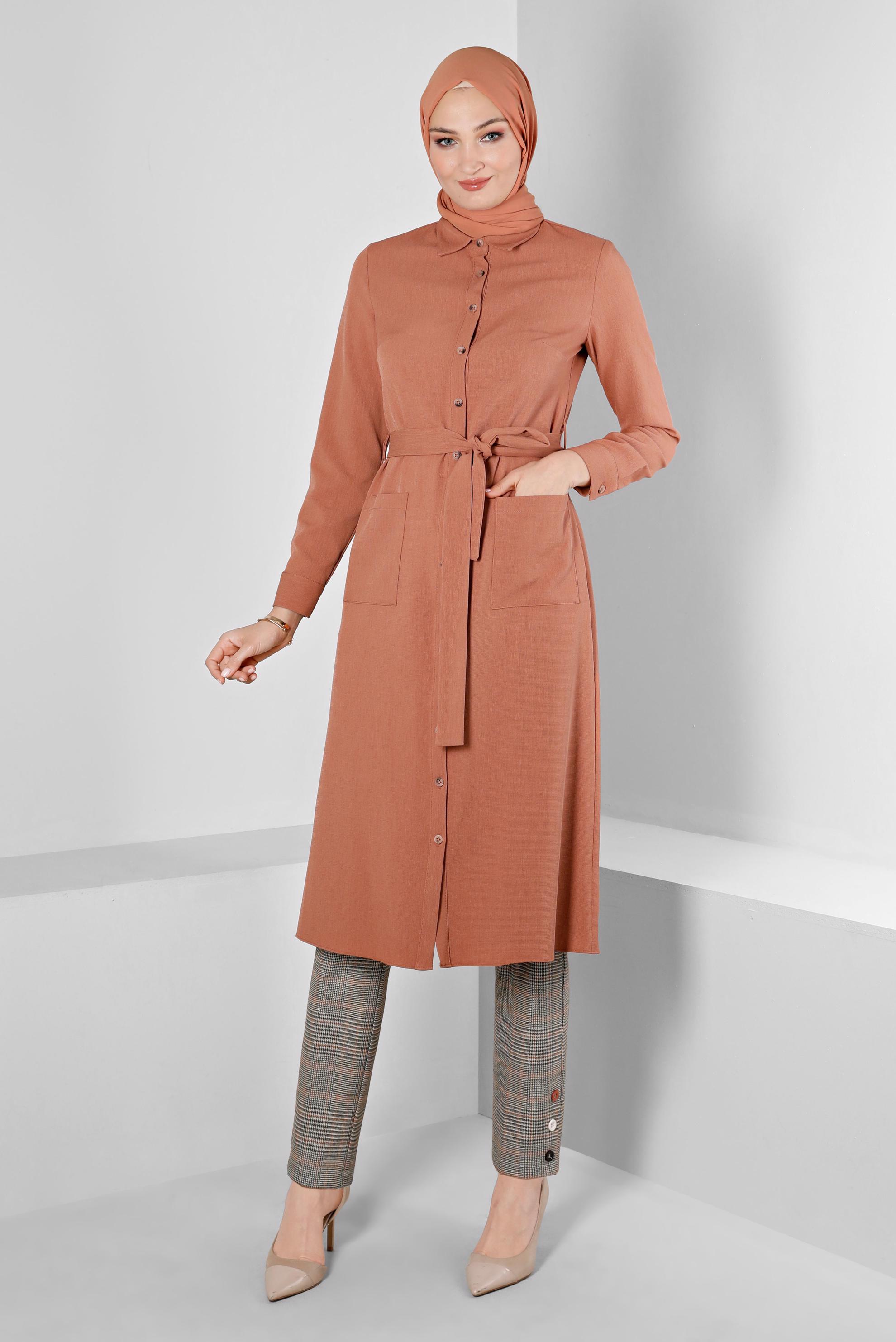 Tesettür giyim TURUNCU DÜĞMELİ KUŞAKLI TUNİK 43385