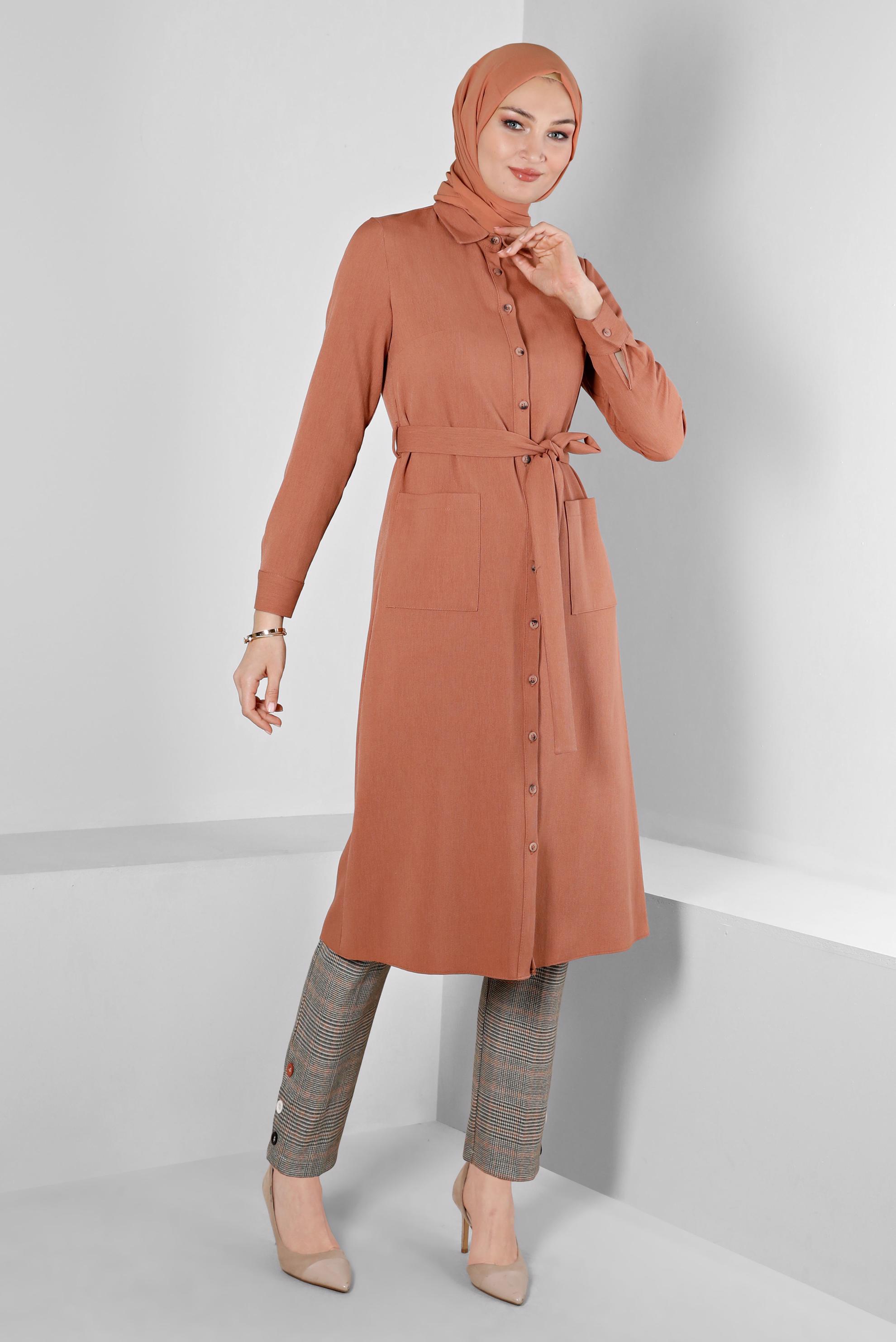 Tesettür giyim TURUNCU DÜĞMELİ KUŞAKLI TUNİK 43385