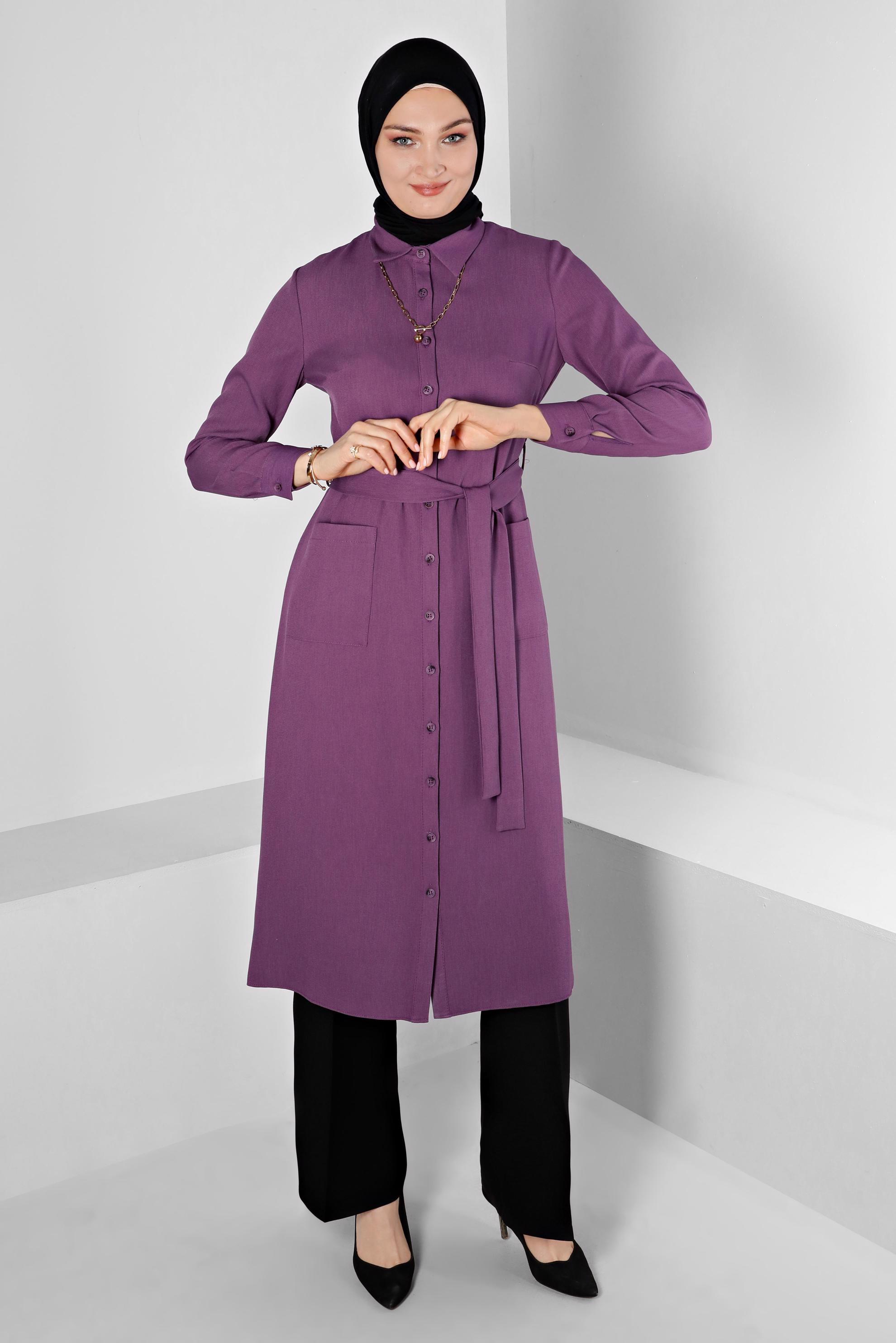 Tesettür giyim MOR DÜĞMELİ KUŞAKLI TUNİK 43385
