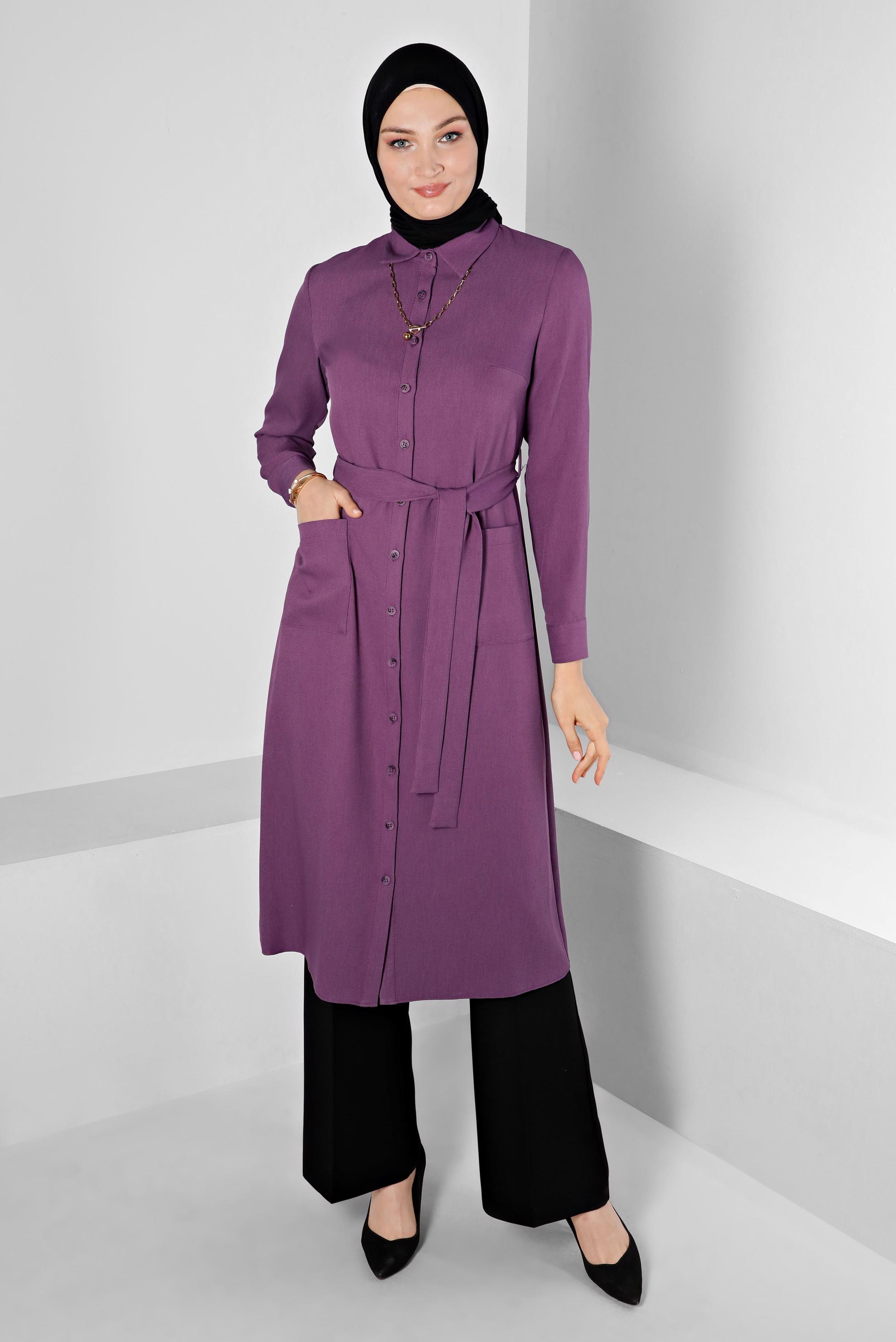Tesettür giyim MOR DÜĞMELİ KUŞAKLI TUNİK 43385