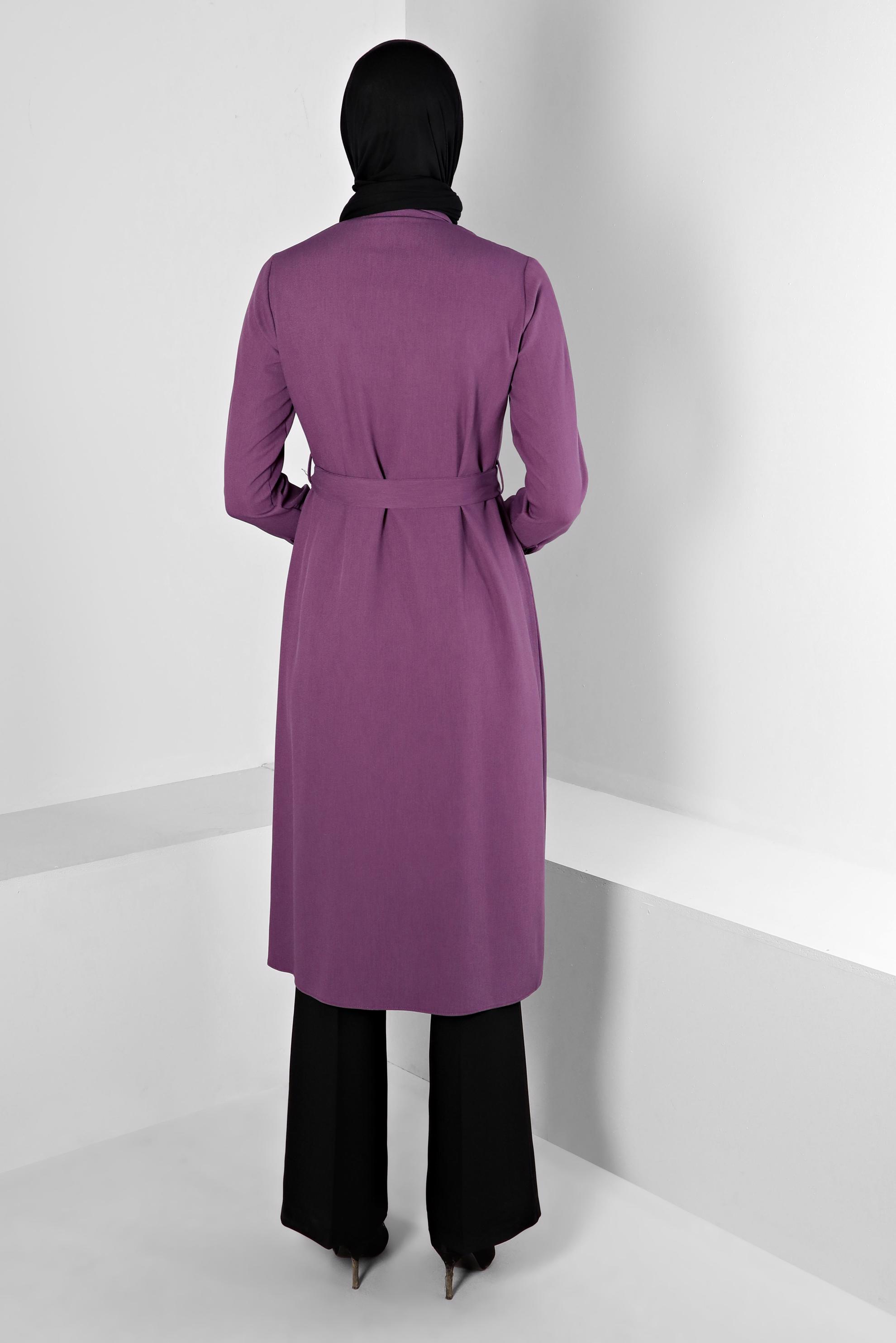 Tesettür giyim MOR DÜĞMELİ KUŞAKLI TUNİK 43385